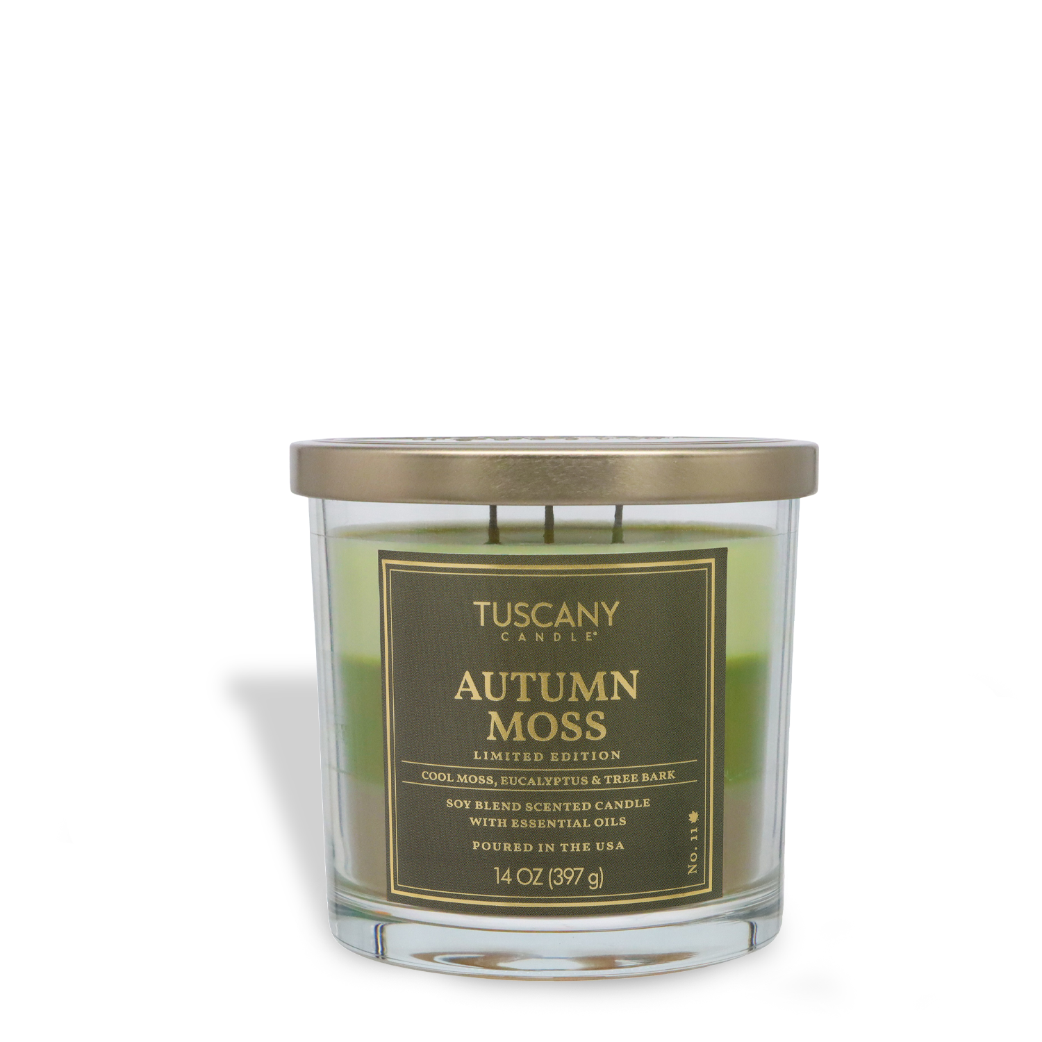 A clear glass jar candle, Tuscany Candle® SEASONAL Autumn Moss: Eucalyptus & Sandalwood (14 oz), features green wax, a silver lid, and a label highlighting eucalyptus and sandalwood fall scents.