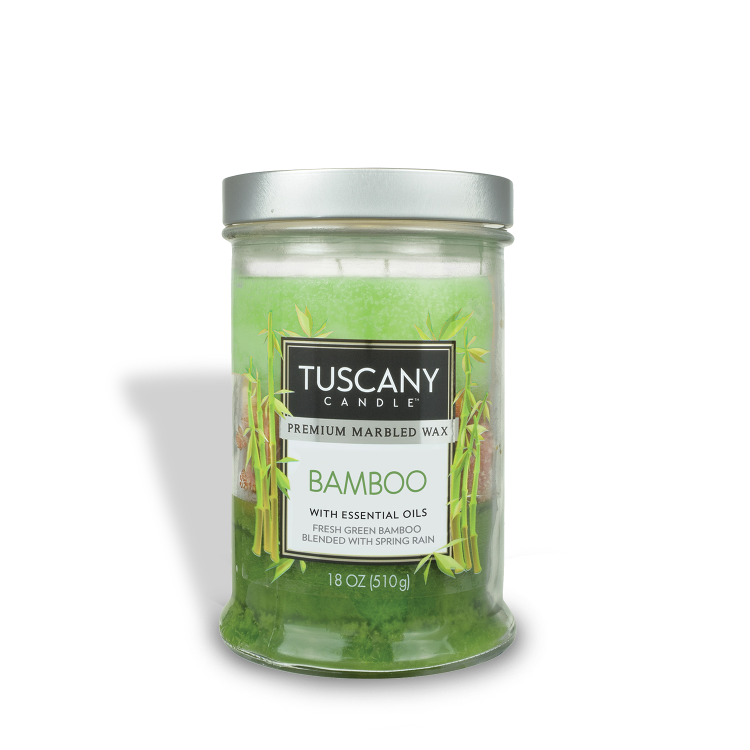 Fresh Bamboo Long-Lasting Scented Jar Candle (18 oz) with marbled wax design in a glass jar by Tuscany Candle® EVD.