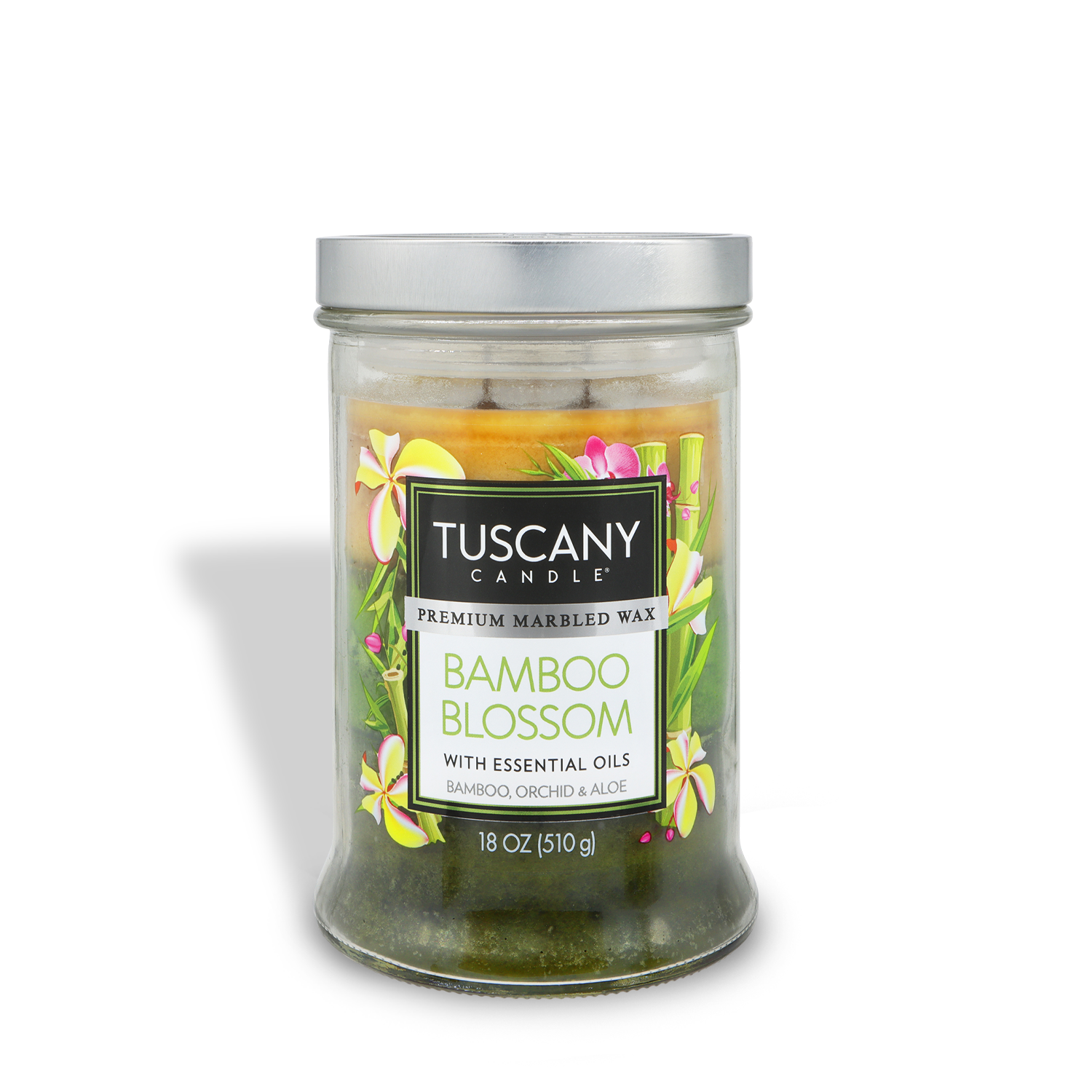 The Tuscany Candle® Everyday Bamboo Blossom Long-Lasting Scented Jar Candle (18 oz), decorated with elegant floral graphics, provides a fresh botanical fragrance for a lasting aromatic experience.