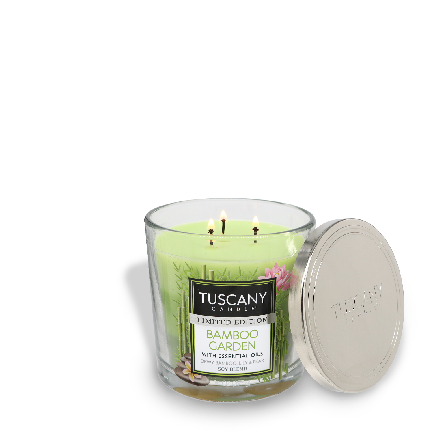 Three-wick scented candle with lid, labeled "Bamboo Garden Long-Lasting Scented Jar Candle (14 oz)" by Tuscany Candle® SEASONAL.