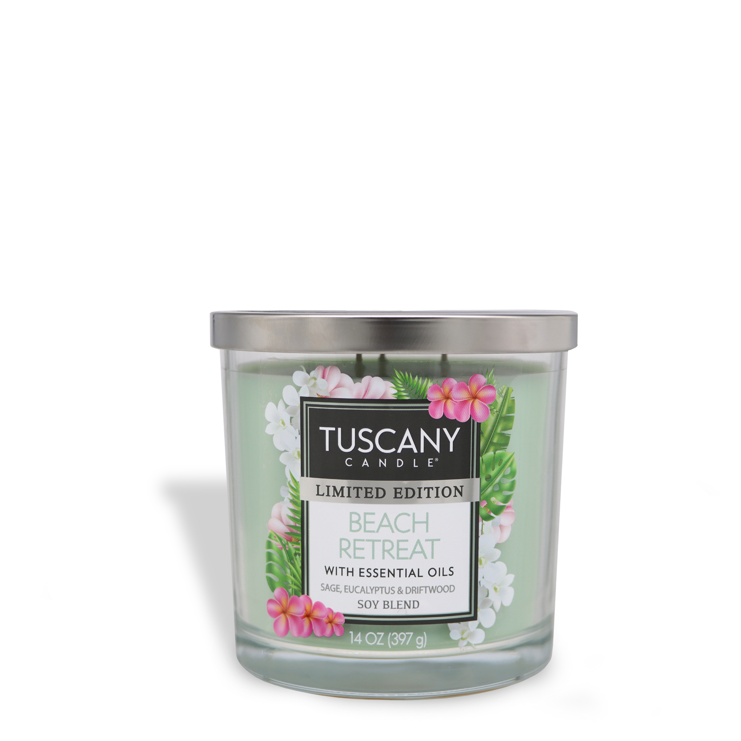 The Tuscany Candle® SEASONAL Beach Retreat: Eucalyptus & Sage Scented Summer Candle (14 oz) features essential oils in a clear glass jar with a metal lid and floral label, offering a refreshing coastal fragrance.
