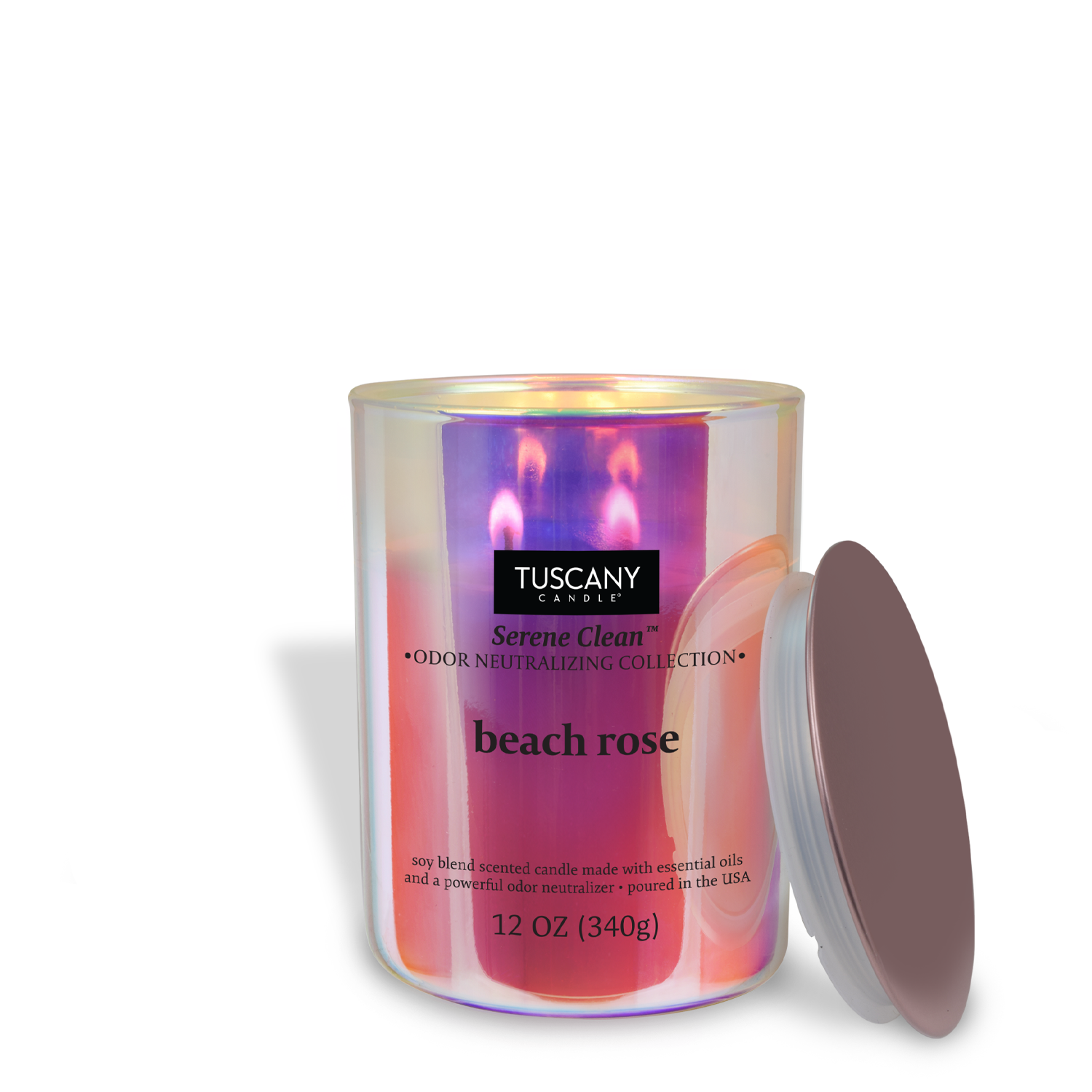 A Beach Rose Scented Jar Candle (12 oz) from the Serene Clean Collection. 
Brand Name: Tuscany Candle® EVD