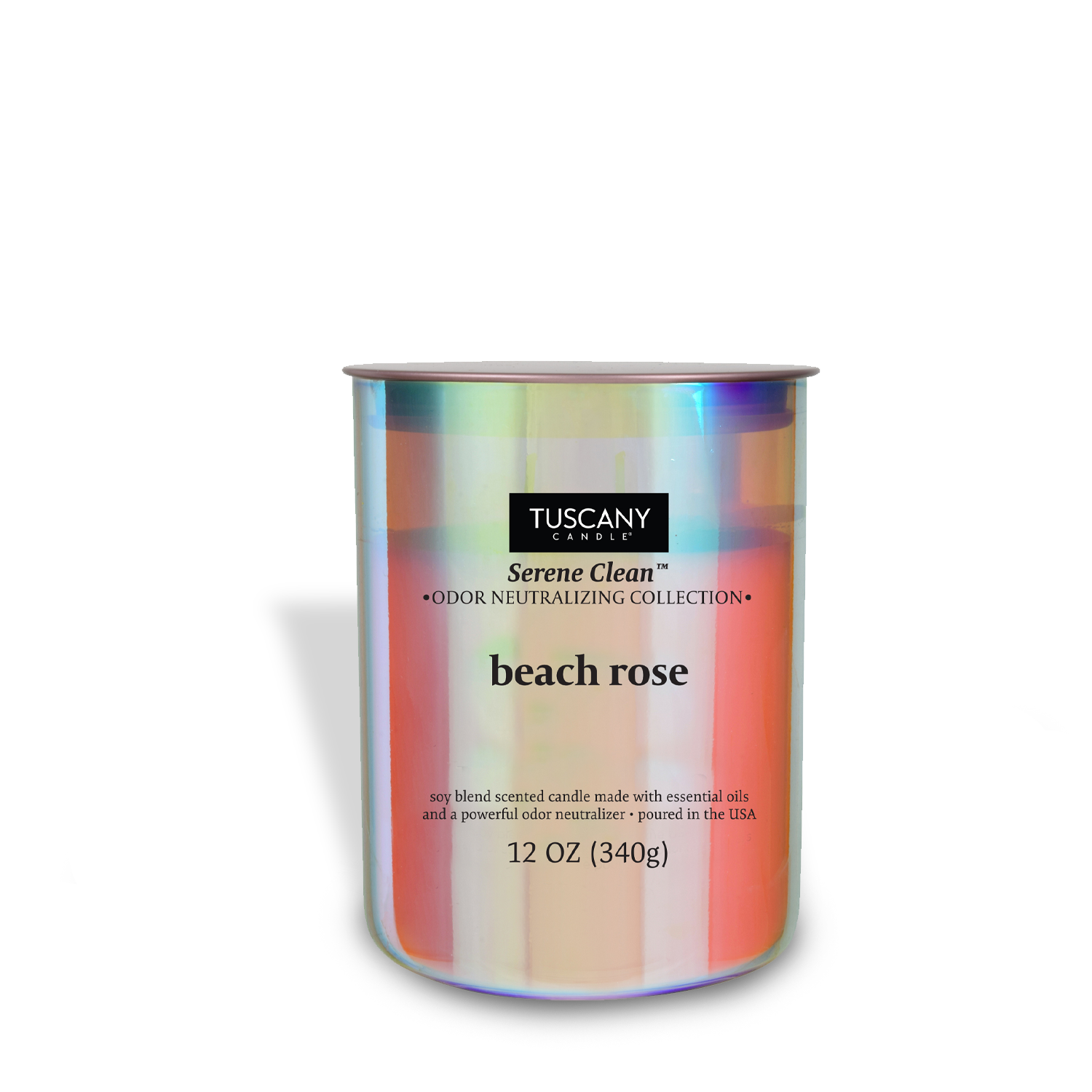 The "Beach Rose Scented Jar Candle (12 oz)" from the Serene Clean Collection by Tuscany Candle® EVD is a soy blend candle infused with essential oils and odor-eliminating technology.