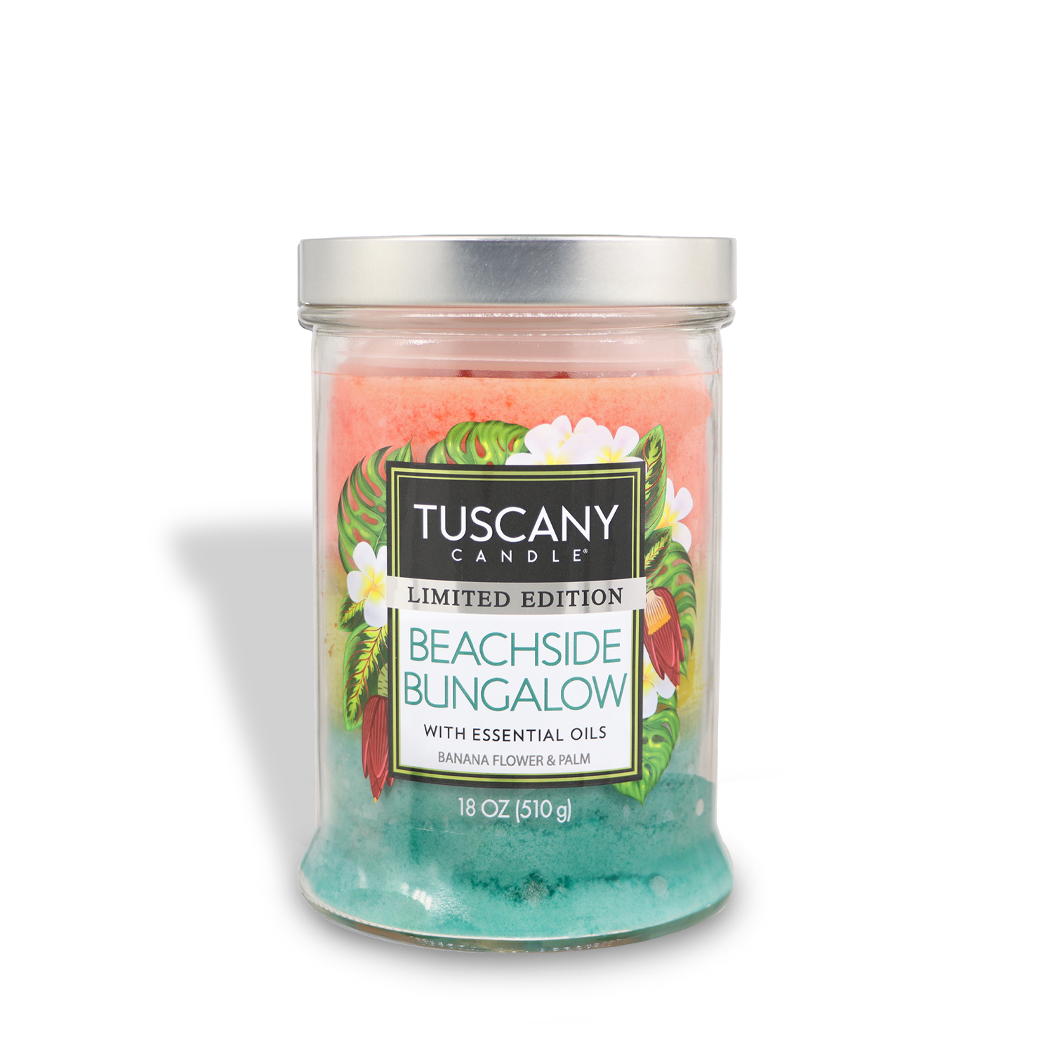 A jar of Tuscany Candle® SEASONAL Beachside Bungalow: Banana Scented Summer Candle, 18 oz—limited edition for summer.