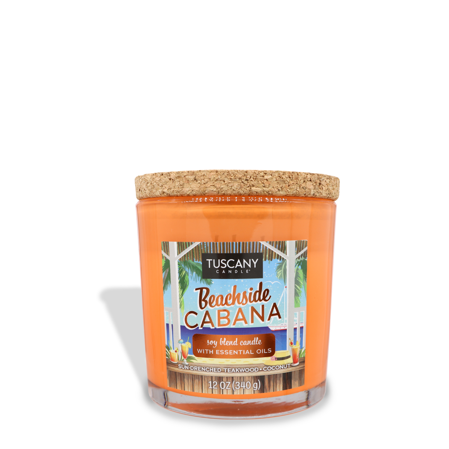 A 12 oz Tuscany Candle® SEASONAL labeled "Beachside Cabana (12 oz) – Sunset Beach Bar Collection" with essential oils, featuring a cork lid and showcasing a summer beach scene on the label, envelops your space with the soothing scents of sea salt and warm coconut.