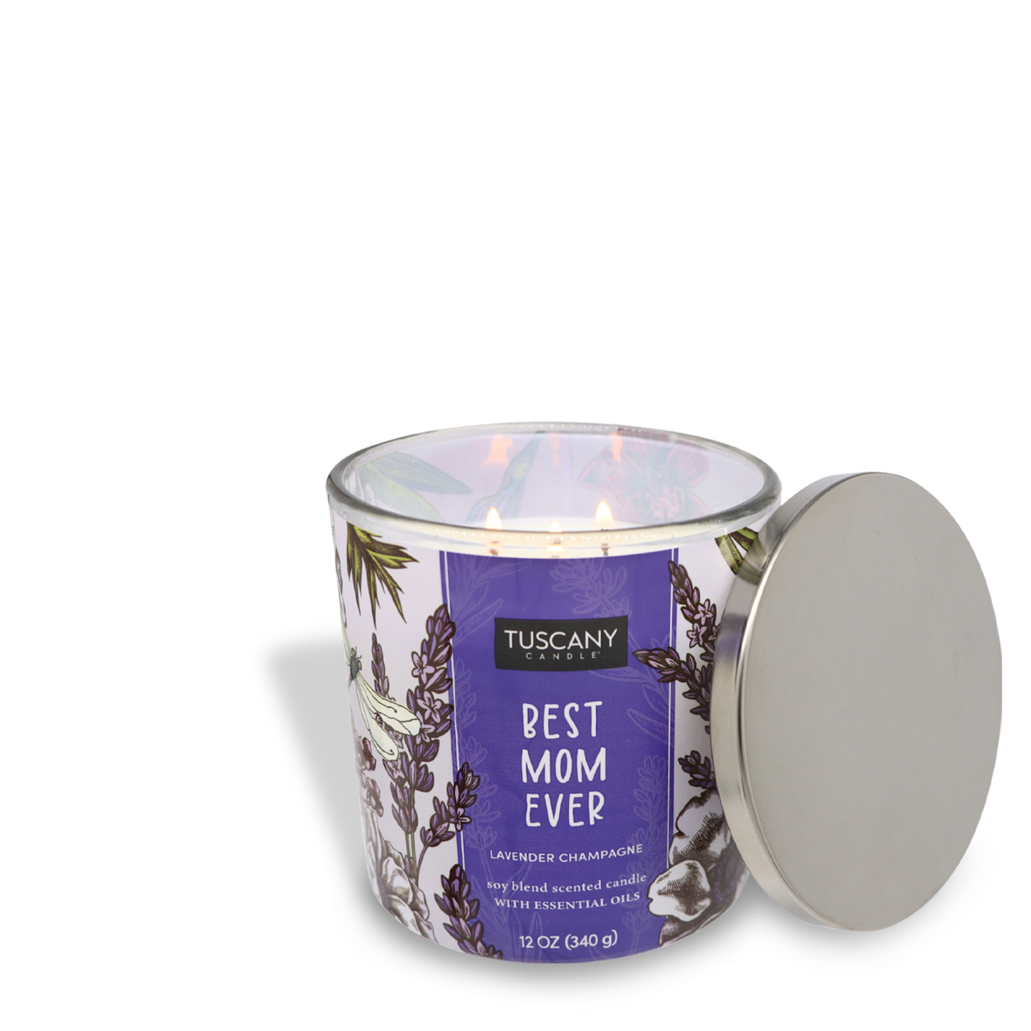 A Tuscany Candle® SEASONAL lit scented candle labeled "Best Mom Ever" with lavender design on a clear background.