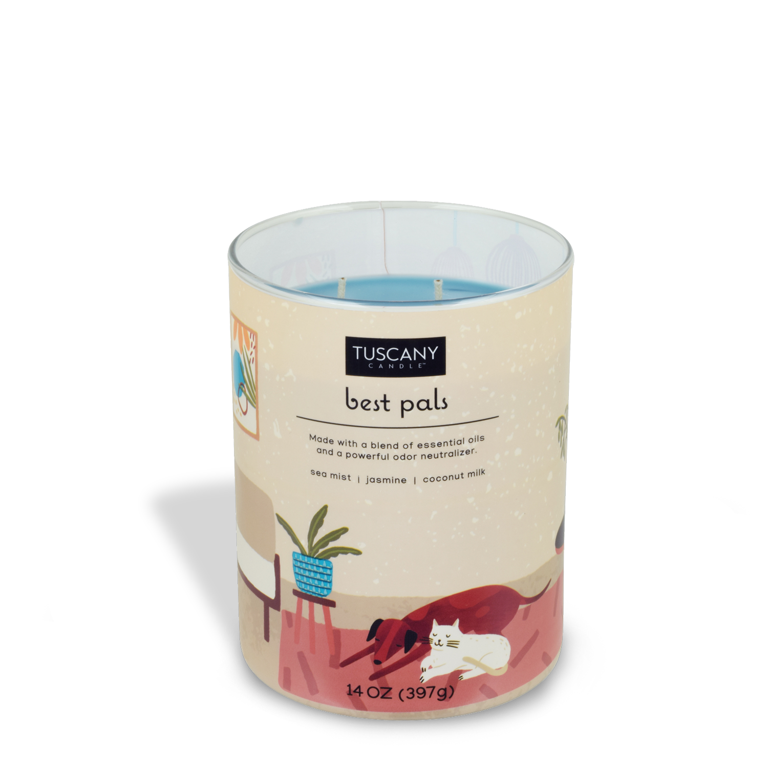 A Best Pals scented jar candle (14 oz) from the Tuscany Candle brand with an image of a cat on it.