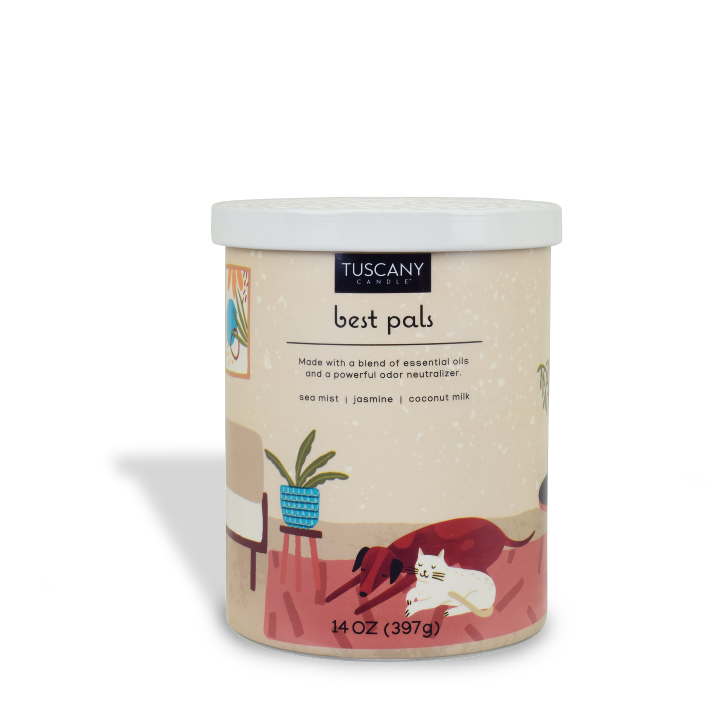 A scented canister of pet pads with a cat on it, the Best Pals Scented Jar Candle (14 oz) – Pet Odor Control Collection by Tuscany Candle.