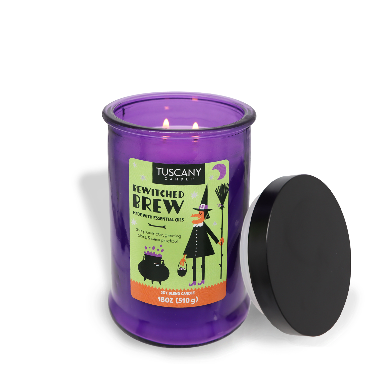 Purple candle jar labeled "Bewitched Brew Long-Lasting Scented Jar Candle (18 oz)" with a witch graphic, made with essential oils, 18oz (510g), next to a black lid—part of the Tuscany Candle® SEASONAL Classic Collection scented candles.