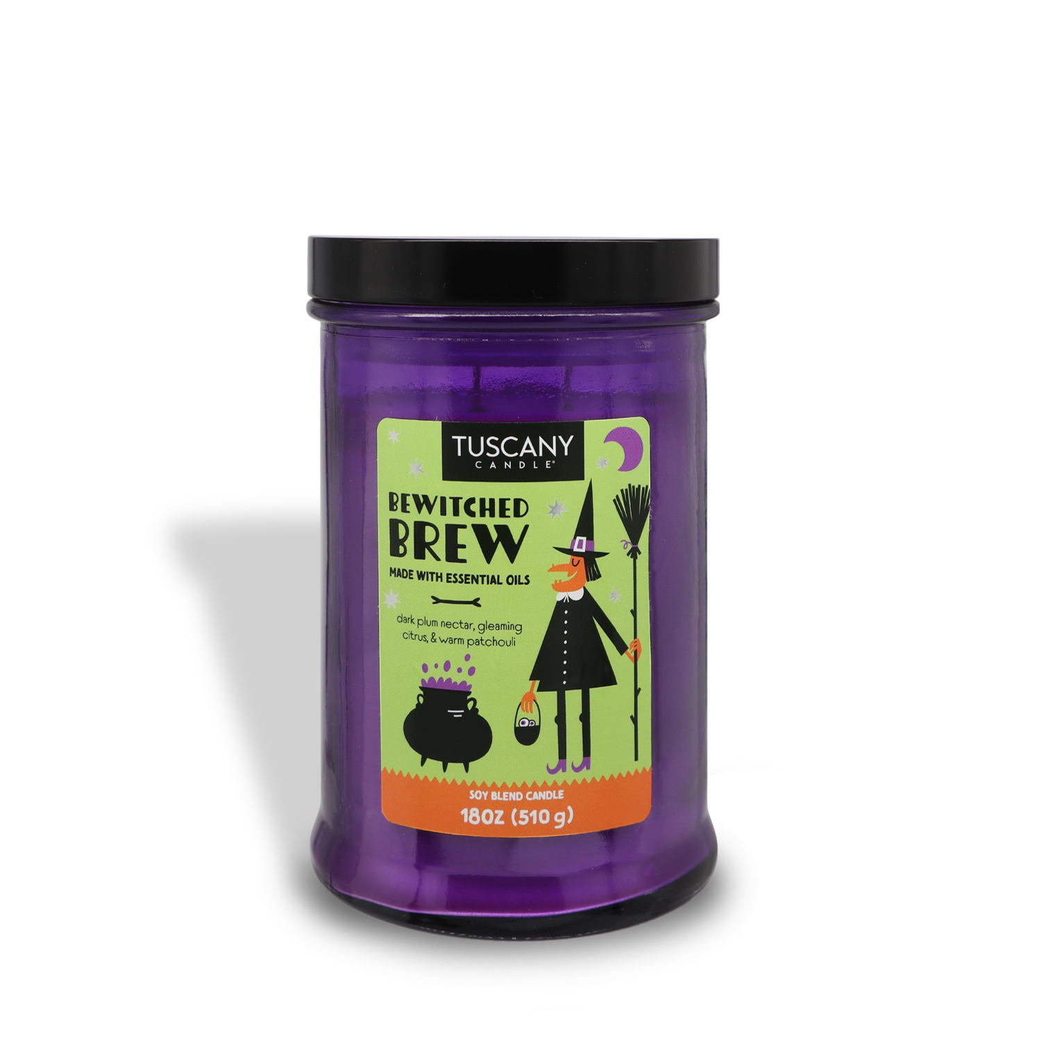 A purple candle jar labeled "Tuscany Candle® SEASONAL, Bewitched Brew Long-Lasting Scented Jar Candle (18 oz)" with a cartoon witch holding a broomstick on the front, part of the Tuscany Classic Collection and infused with essential oils.