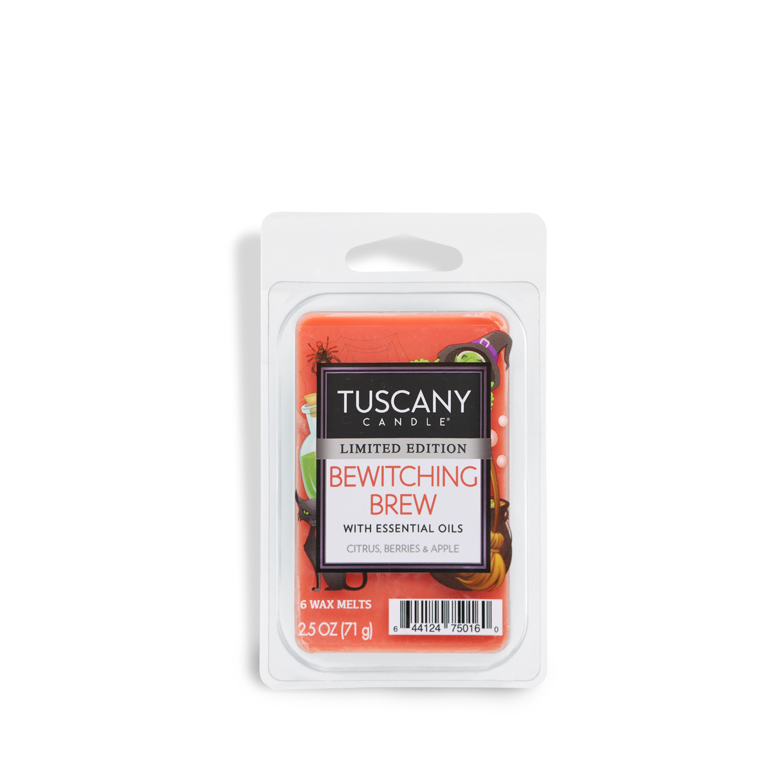 Package of Tuscany Candle® SEASONAL Bewitching Brew Scented Wax Melt (2.5 oz) with fragrance notes of citrus, berries, and apple. The package contains 2.5 oz (71 g) of the product.