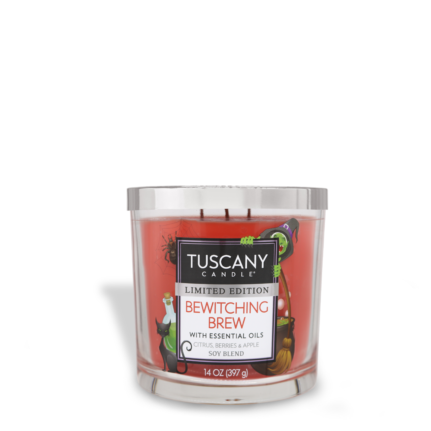 A 14 oz Tuscany Candle® SEASONAL labeled "Bewitching Brew Long-Lasting Scented Jar Candle (14 oz)" limited edition with essential oils, features a red premium satin wax blend with exciting fragrance notes of citrus, berries, and apple.