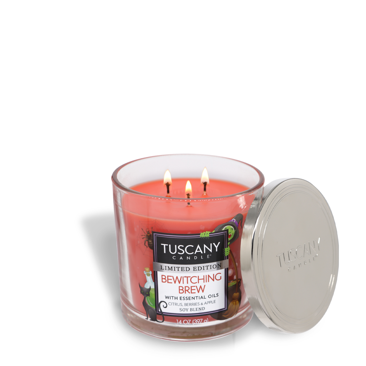 A 14 oz Tuscany Candle® SEASONAL labeled "Bewitching Brew Long-Lasting Scented Jar Candle" with premium satin wax and fragrance notes of citrus, berries, and apple. The red candle, featuring three wicks, comes in a scented jar with the lid resting beside it.