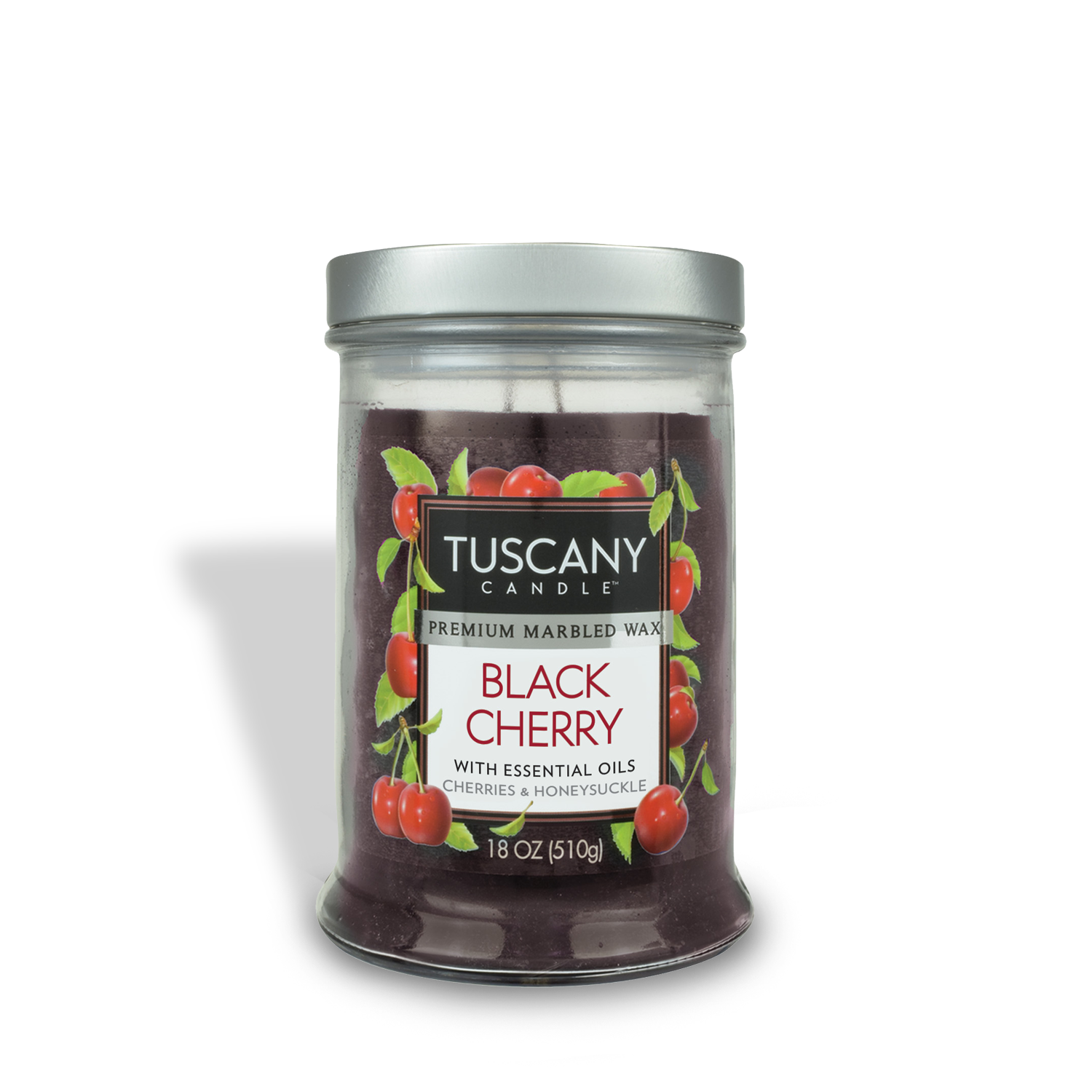 The Black Cherry Long-Lasting Scented Jar Candle (18 oz) by Tuscany Candle® EVD features premium marbled wax with a black cherry fragrance. The label displays cherries and honeysuckle.