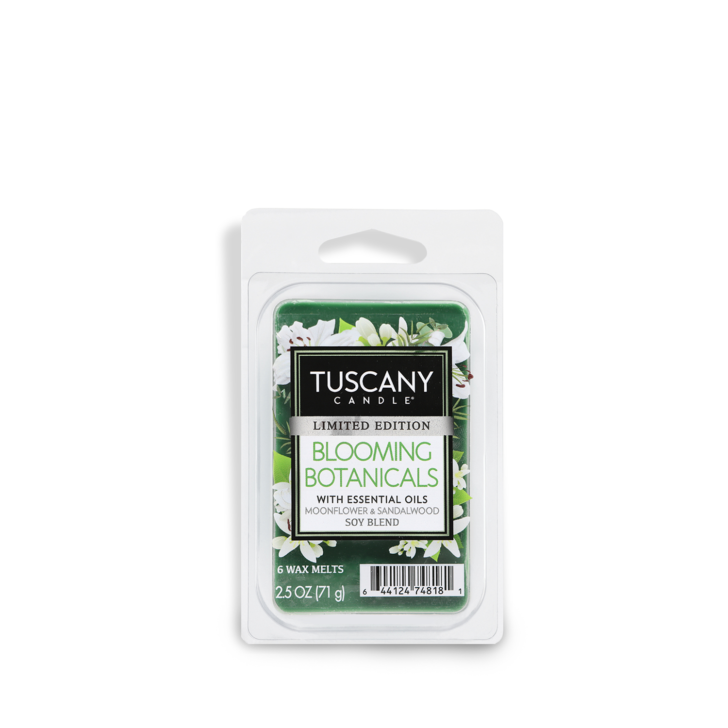A package of Tuscany Candle® SEASONAL limited edition Blooming Botanicals scented wax melts, featuring the enticing aromas of tuberose and neroli flower.