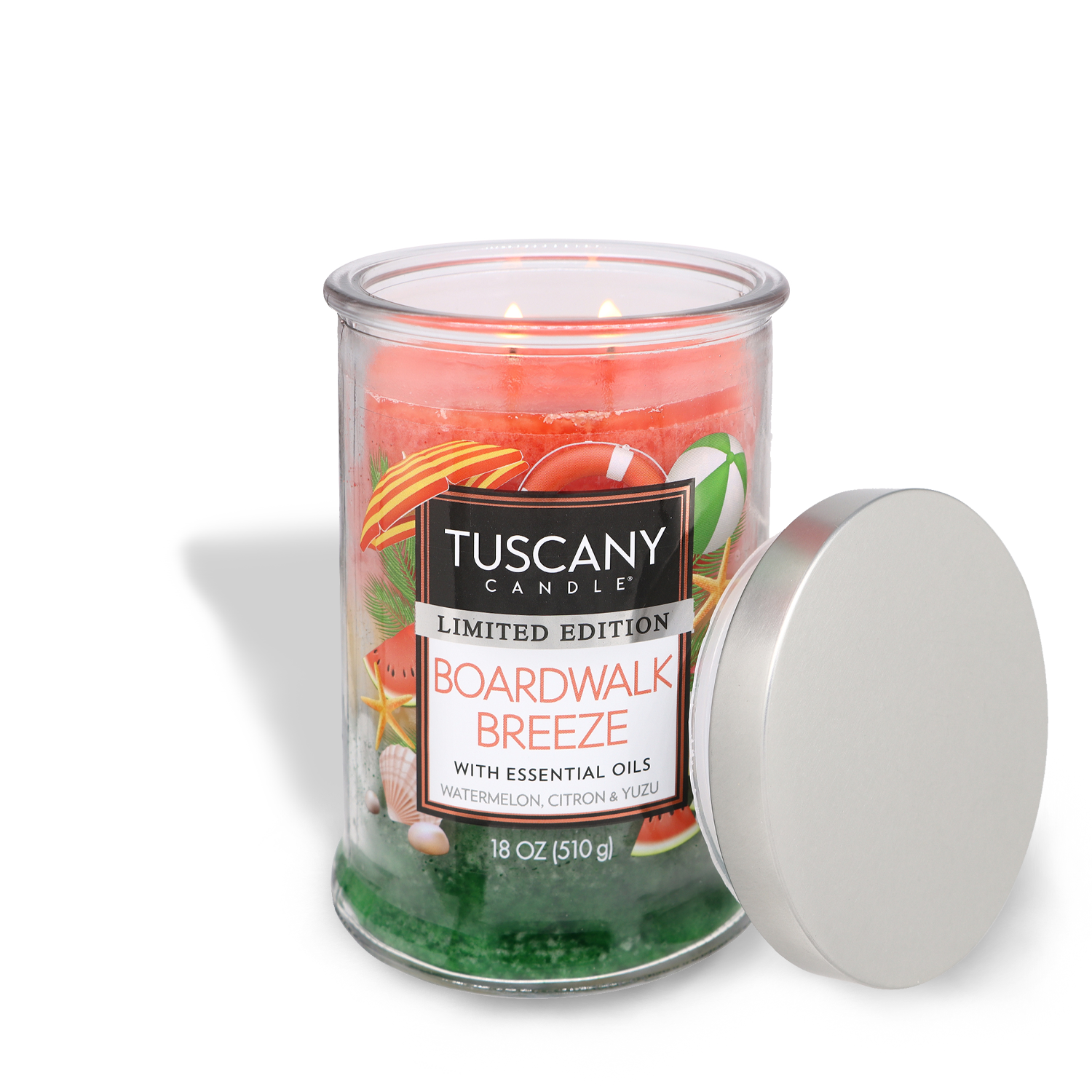 A Boardwalk Breeze Long-Lasting Scented Jar Candle (18 oz) with a lid featuring the scent of Tuscany.