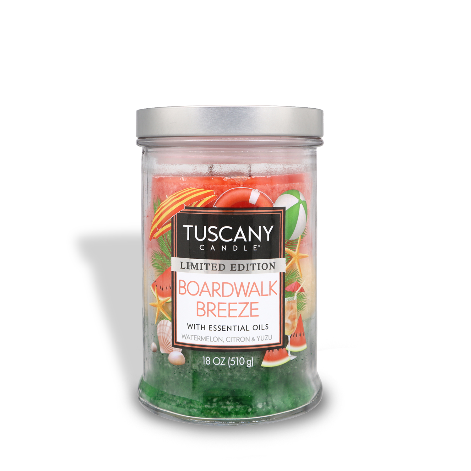 A Tuscany Candle® SEASONAL Boardwalk Breeze Long-Lasting Scented Jar Candle (18 oz) with green and red colors, perfect for summer evenings.