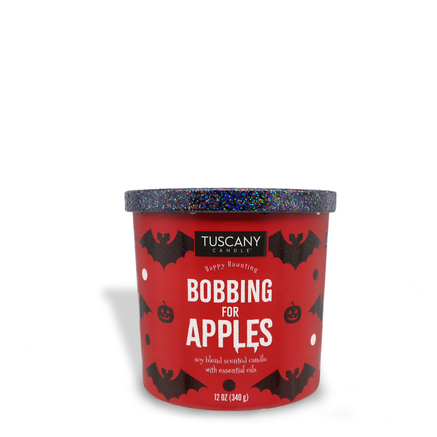 Red "Bobbing For Apples Long-Lasting Scented Jar Candle (12 oz)" by Tuscany Candle® SEASONAL with essential oils and premium satin wax. Decorated with Halloween-themed black bats and pumpkins. 12 oz (340 g).