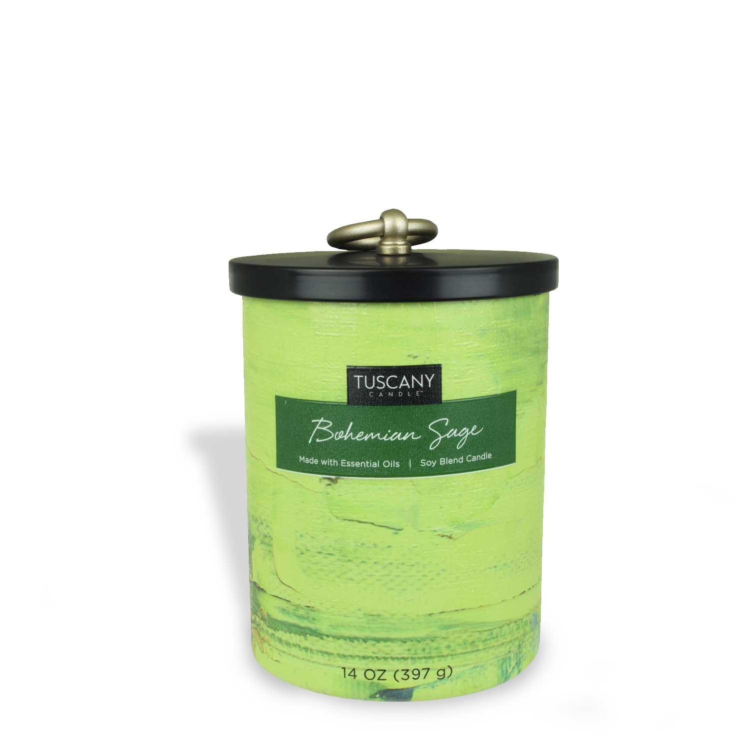 This tin features a green lid and a black handle, perfect for the Bohemian Sage Scented Jar Candle (14 oz) from the Tuscany Candle® EVD.
