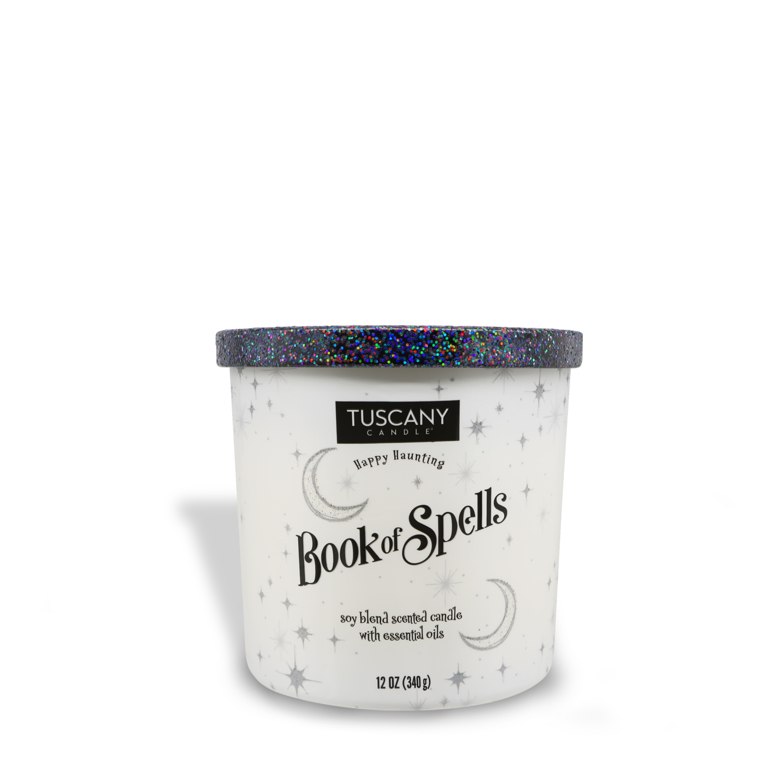 A white candle jar labeled "Tuscany Candle® SEASONAL: Book Of Spells Long-Lasting Scented Jar Candle (12 oz)." Crafted with premium satin wax, the jar features star and moon designs, and a black glittery lid.