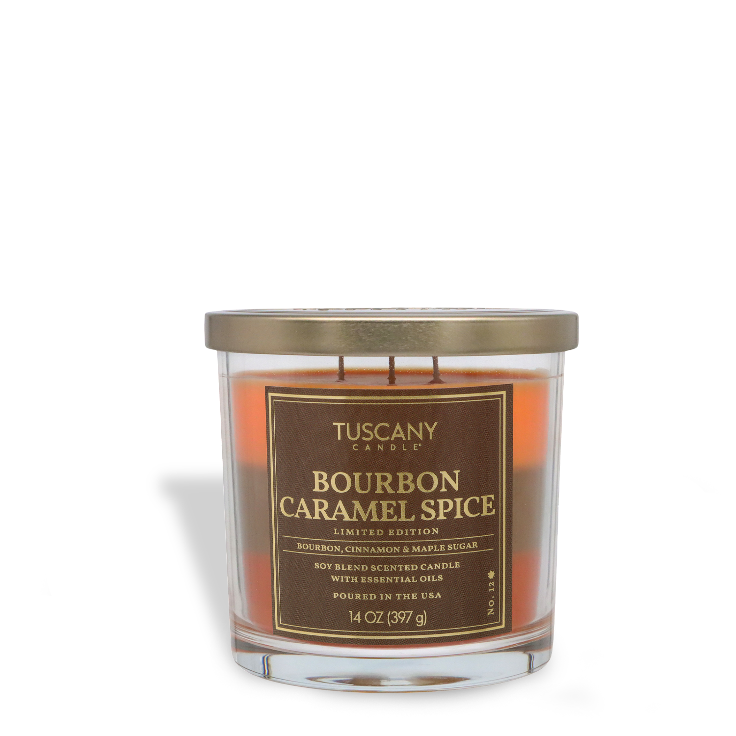 The Tuscany Candle® SEASONAL Bourbon Caramel Spice: Aged Bourbon & Vanilla Scented Fall Candle (14 oz) comes in a glass jar with a gold lid and features cozy, limited-edition autumn fragrances.