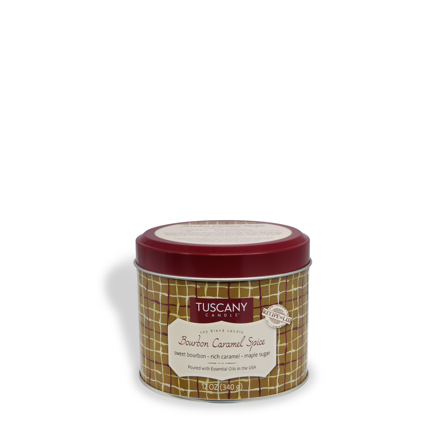 A Tuscany Candle® SEASONAL tin from the Bakery Tins Collection, labeled "Bourbon Caramel Spice: Maple Sugar & Cinnamon," features a burgundy lid, plaid design, and contains a 12 oz fall-scented candle.