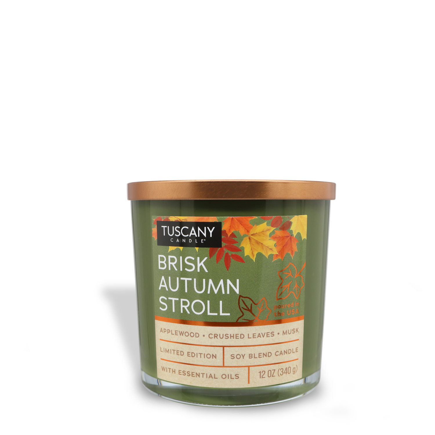 The Tuscany Candle® SEASONAL "Brisk Autumn Stroll" from the Copper Harvest Collection is a long-lasting 12 oz. scented jar candle featuring aromas of applewood, crushed leaves, and musk. This green soy blend autumn candle is housed in a glass jar with a copper-colored lid and an autumn-themed label.