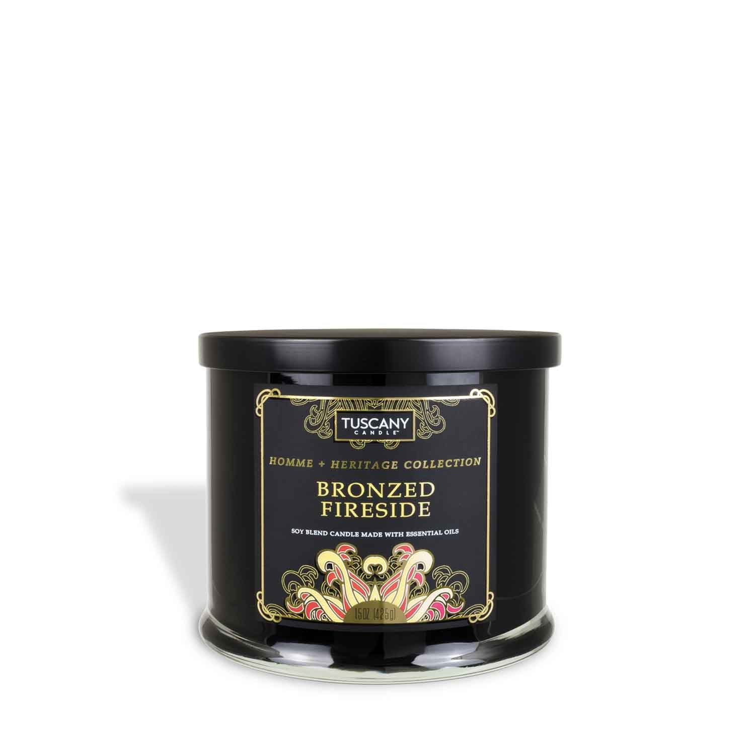 A "Bronzed Fireside Scented Jar Candle (15 oz) – Homme + Heritage Collection" by Tuscany Candle.