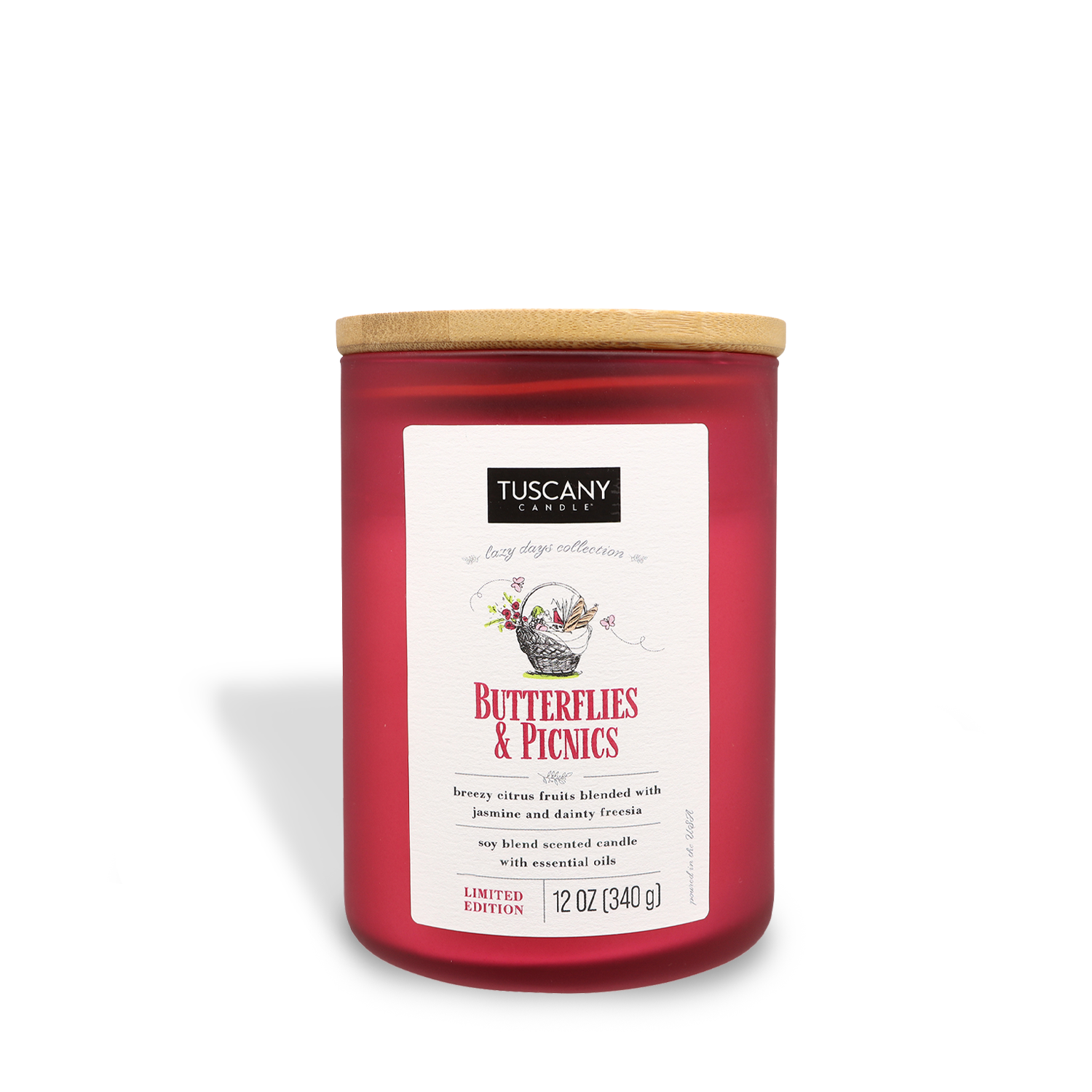 Red Tuscany Candle® SEASONAL limited edition scented candle with a label that reads 'Butterflies & Picnics' against a white background.