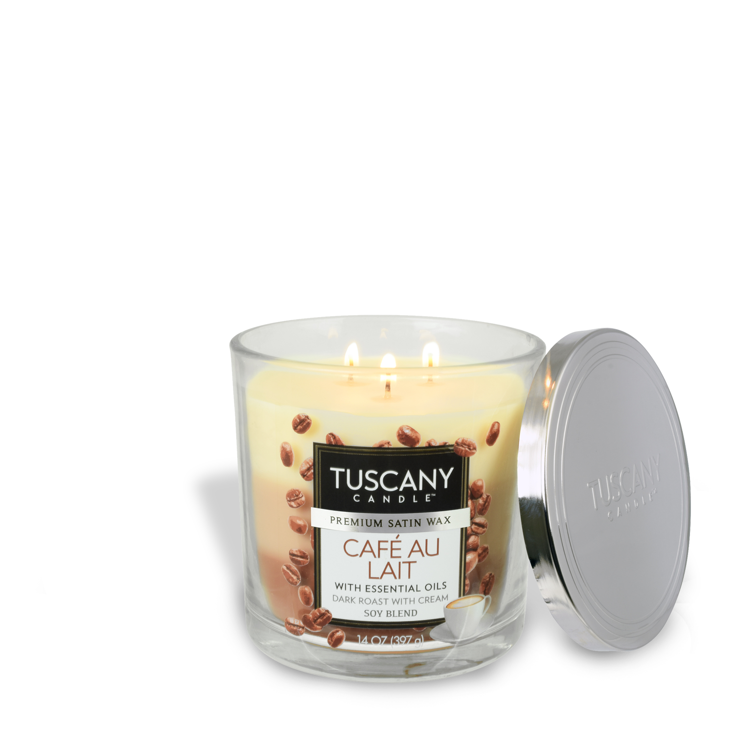 Experience the aroma of freshly brewed Café Au Lait Long-Lasting Scented Jar Candle (14 oz) at our cozy Tuscany coffee shop.