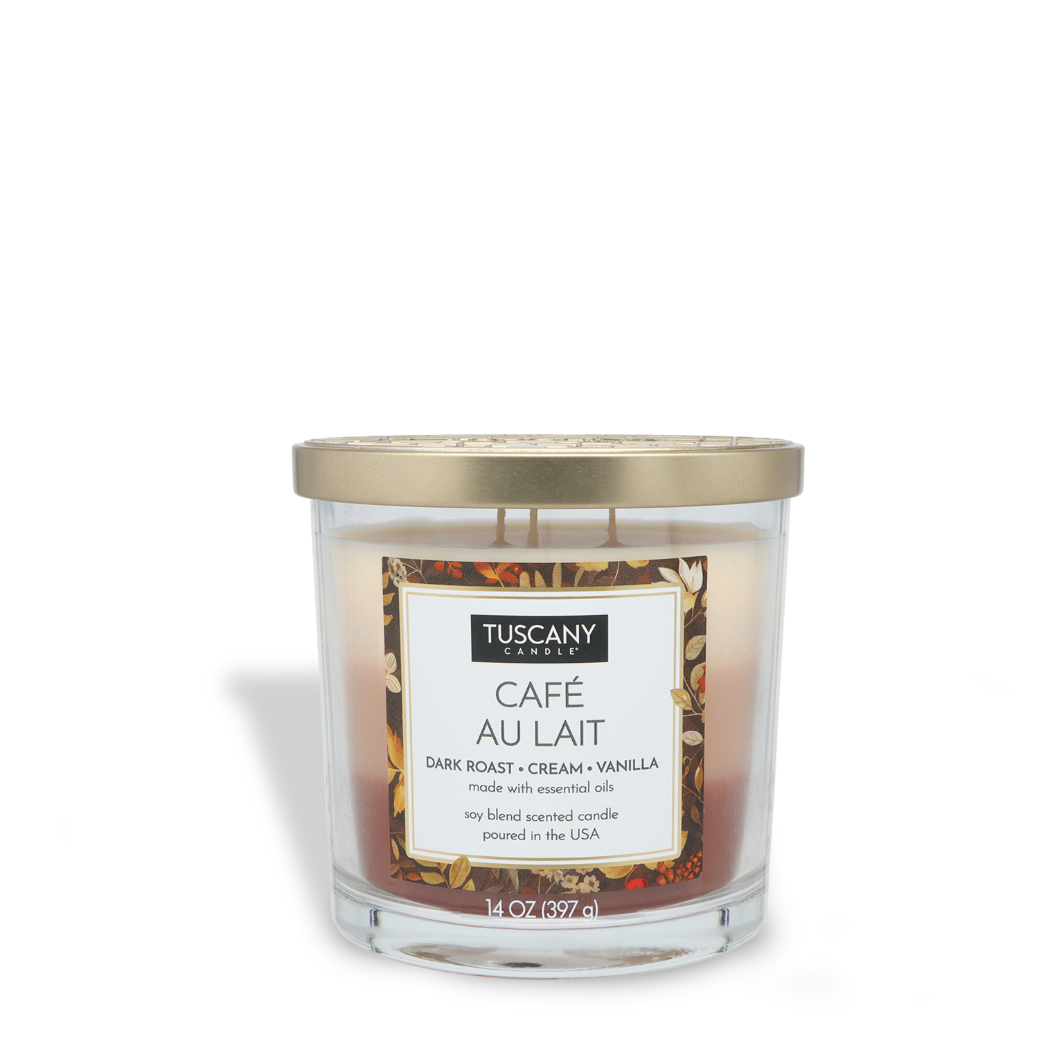 The Tuscany Candle® EVD Café Au Lait Long-Lasting Scented Jar Candle (14 oz) features dark roast, cream, and vanilla fragrances in a glass jar with a gold lid. Made in the USA.