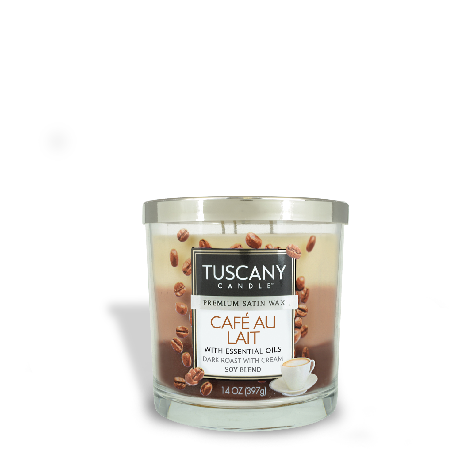 Tuscany Café Au Lait Long-Lasting Scented Jar Candle (14 oz) that will caffeinate your senses with its rich coffee aroma.