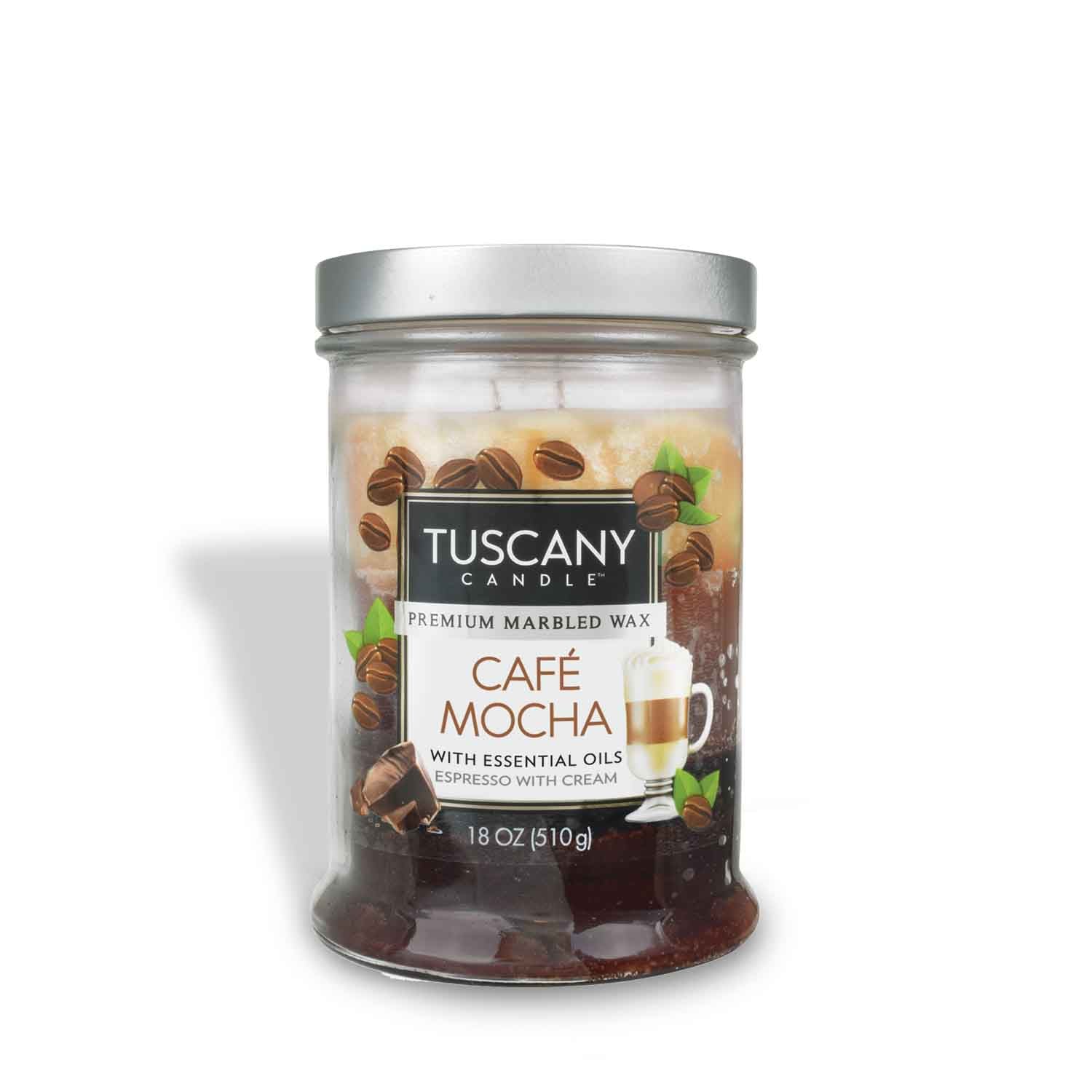 Indulge in the rich espresso aroma of our Tuscany Café Mocha Long-Lasting Scented Jar Candle (18 oz).