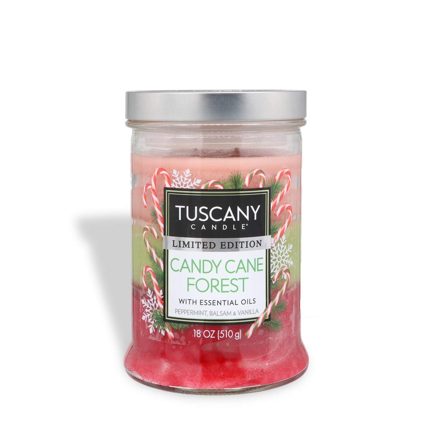 The Tuscany Candle® SEASONAL "Candy Cane Forest: Peppermint & Balsam Scented Holiday Candle" is an 18 oz limited edition jar featuring red and white wax with candy cane and evergreen designs, and made with essential oils.