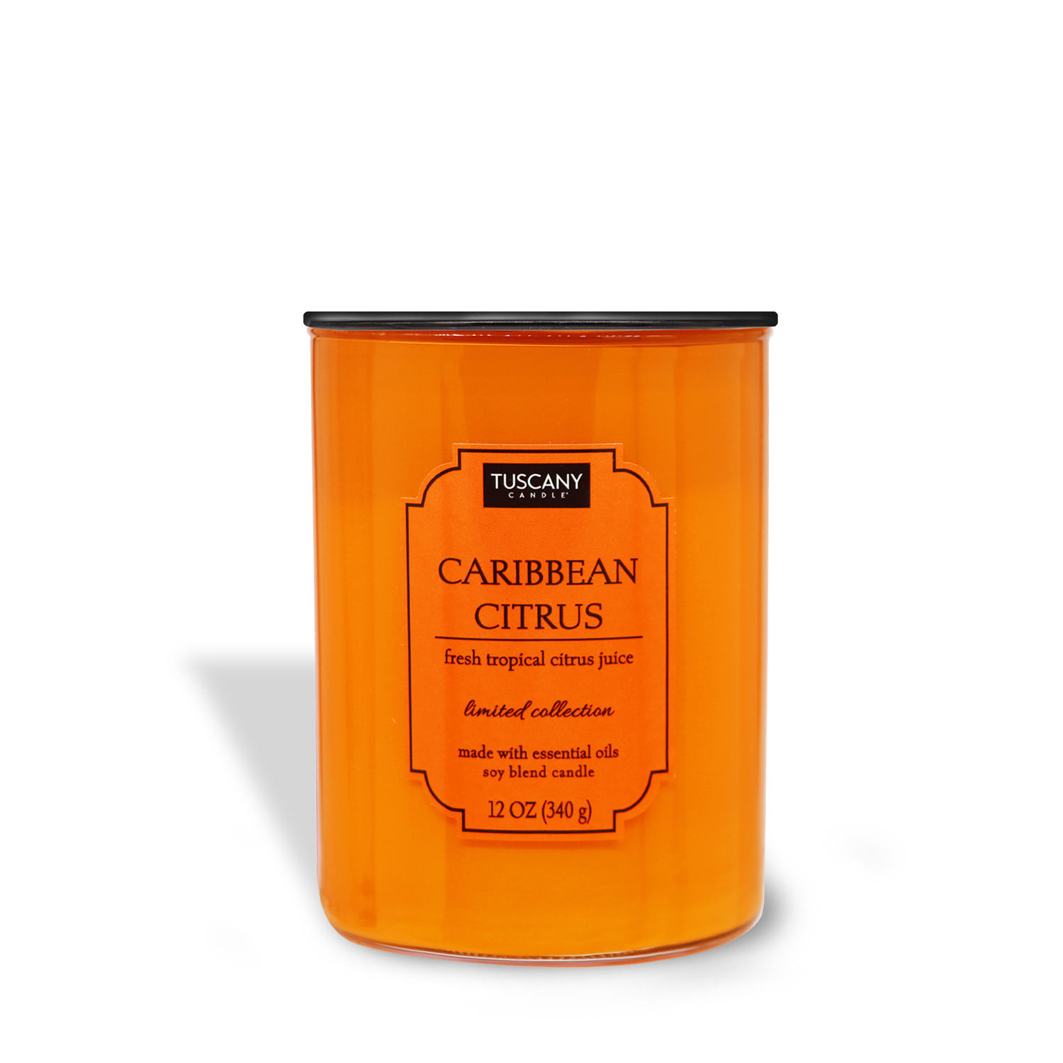 Caribbean Citrus candle in a tin labeled "Caribbean Citrus (12 oz) – Colorsplash Collection, fresh tropical citrus juice, Tuscany Candle® EVD, made with essential oils" against a white background.