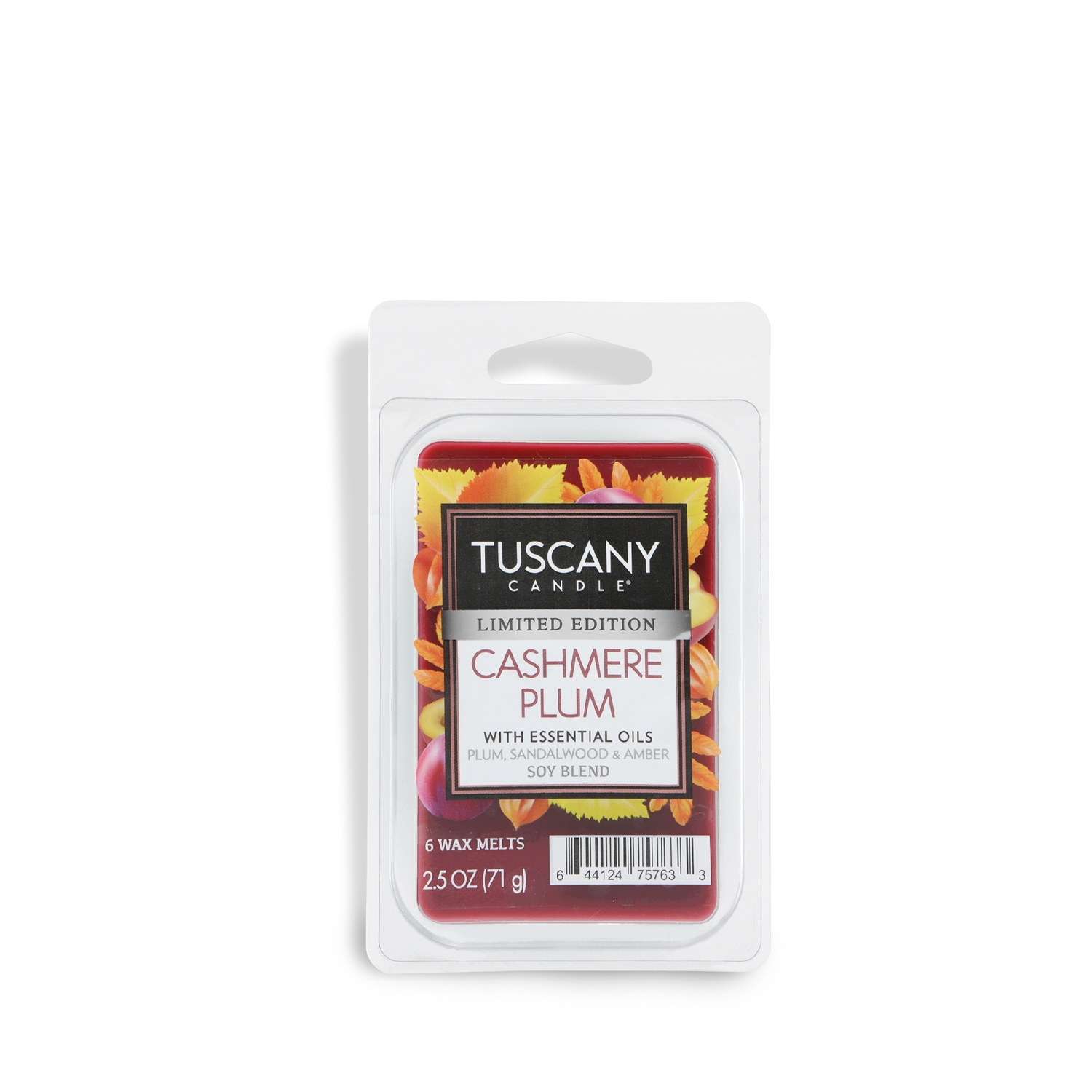 A 2.5 oz Tuscany Candle® SEASONAL Cashmere Plum: Sandalwood & Amber Scented Fall Wax Melt, limited edition, infused with essential oils.