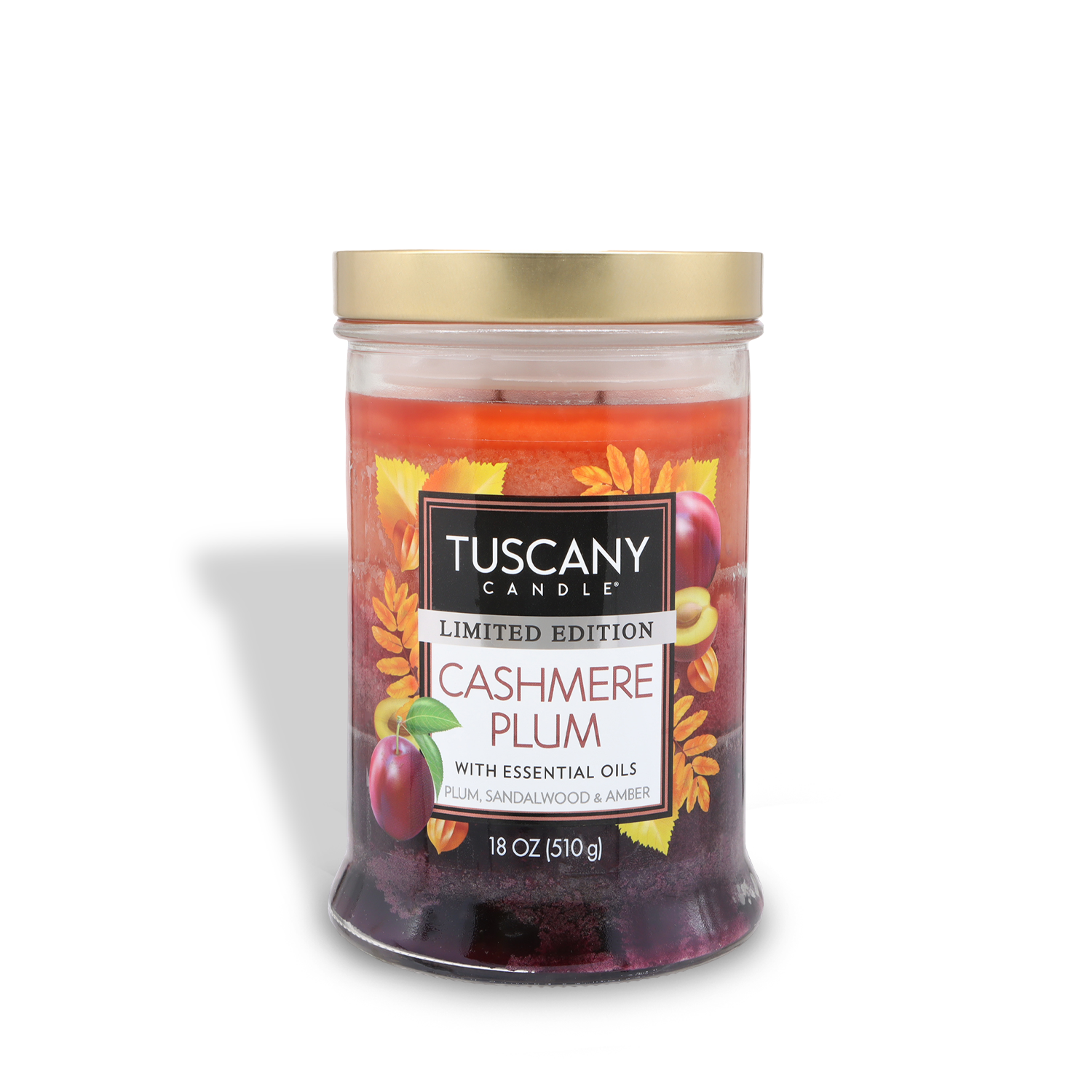 An 18 oz Tuscany Candle® SEASONAL Cashmere Plum: Sandalwood & Amber Scented Fall Candle, featuring essential oils and a label decorated with plums and leaves.