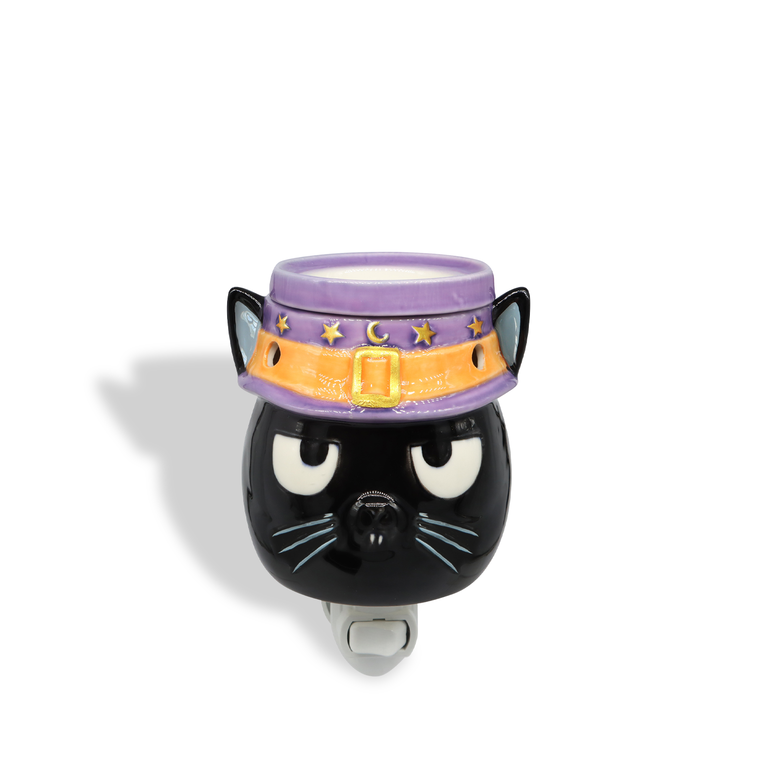 The Tuscany Candle® SEASONAL Black Cat Outlet Wax Melt Warmer features a ceramic black cat face with a purple and orange witch hat, making it the perfect Halloween plug-in wax warmer for your outlet.