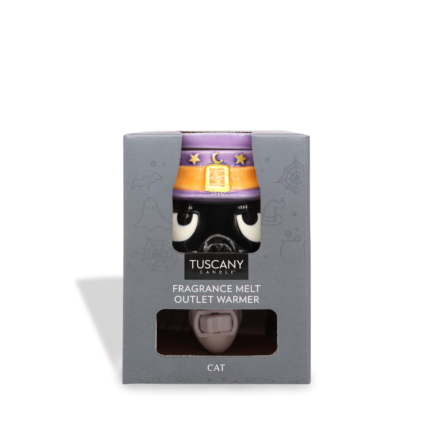 The Tuscany Candle® SEASONAL Black Cat Outlet Wax Melt Warmer, in a cat design and gray windowed box labeled "CAT," is perfect for adding festive Halloween charm to your space.