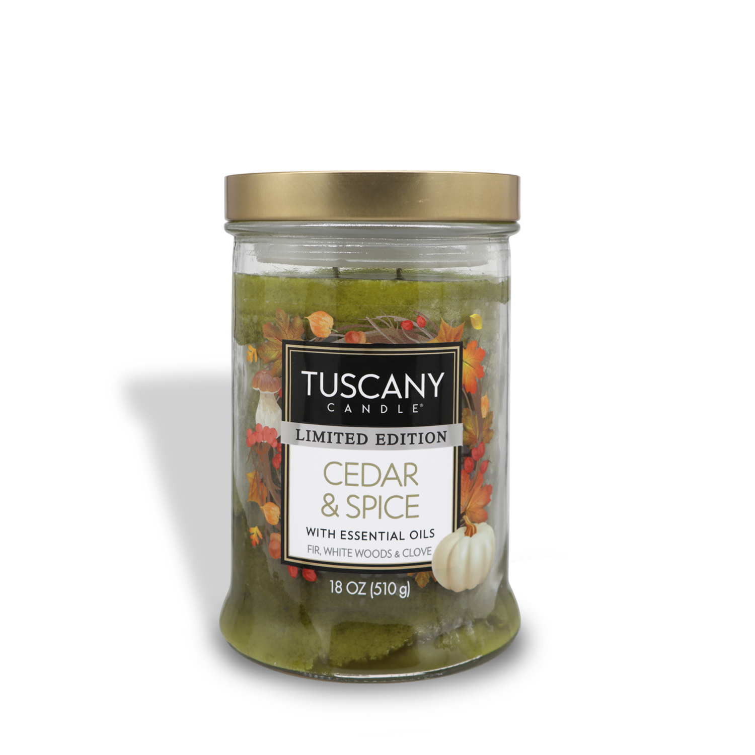 A jar of Tuscany Candle® SEASONAL Cedar & Spice Long-Lasting Scented Jar Candle (18 oz) with essential oils, featuring notes of fir, white woods, and clove. The jar contains 18 oz (510 g) of wax, boasts an impressive burn time, and has a gold-colored lid.