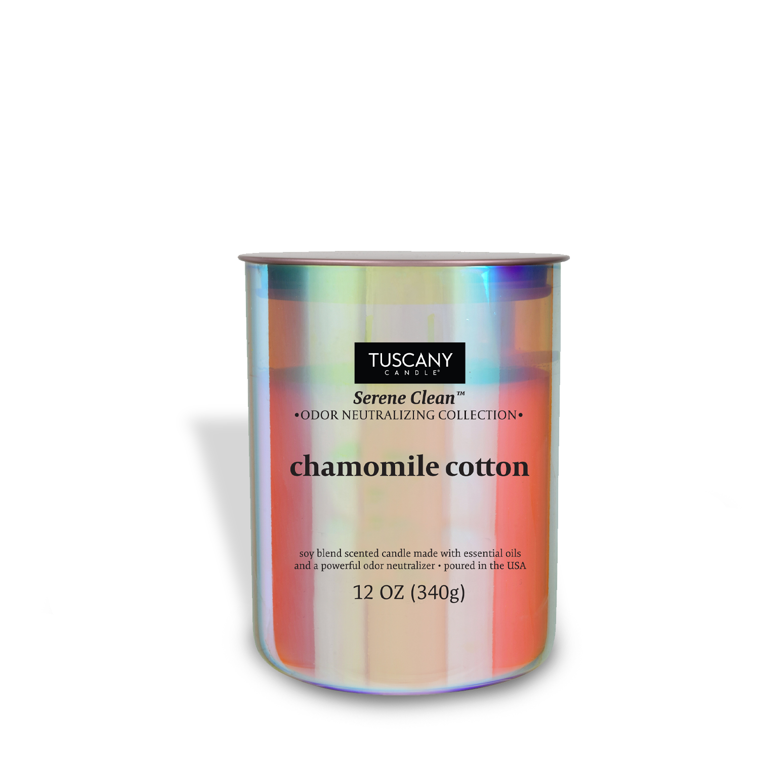 A 12 oz Chamomile Cotton Scented Jar Candle from the Tuscany Candle® EVD Serene Clean Collection, presented in iridescent packaging.