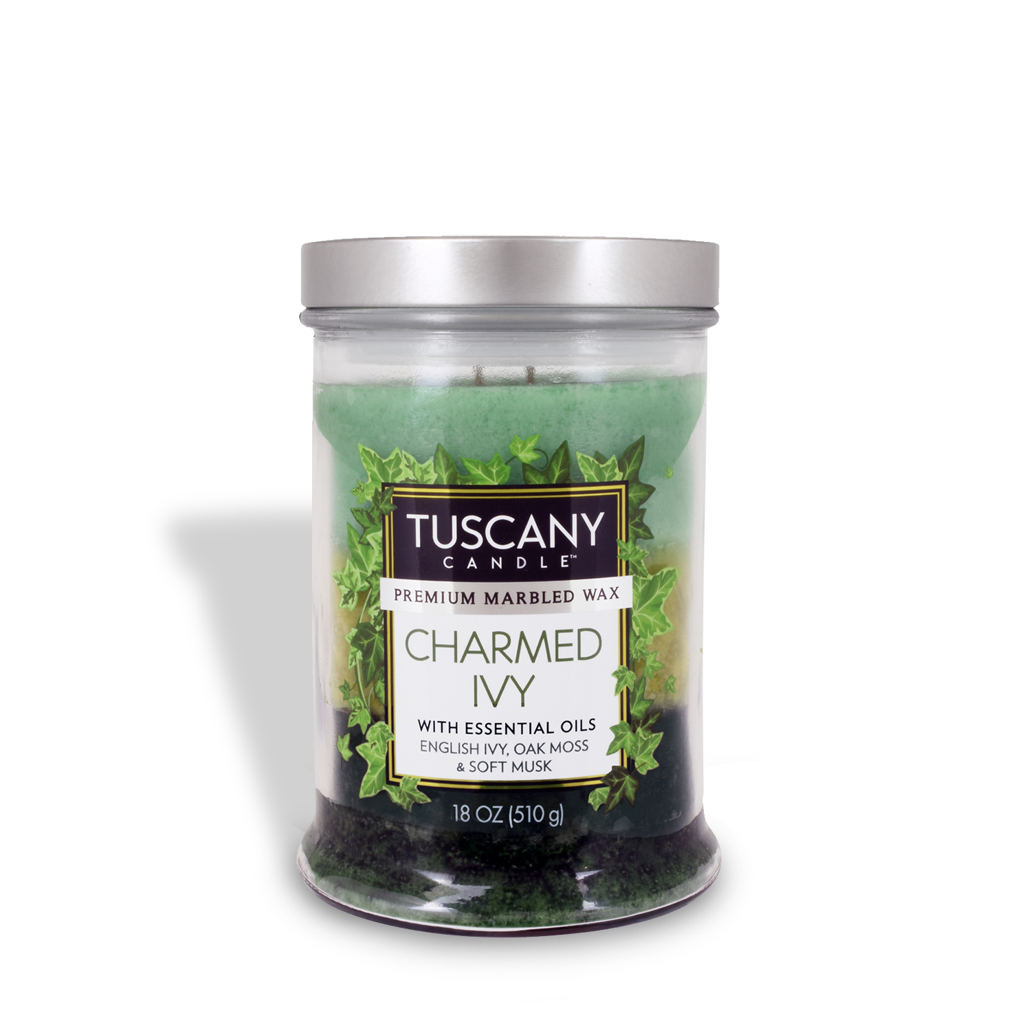 A green marbled Tuscany Candle® EVD Charmed Ivy Long-Lasting Scented Jar Candle (18 oz) containing essential oils, English ivy, oak moss, and soft musk in a clear jar.