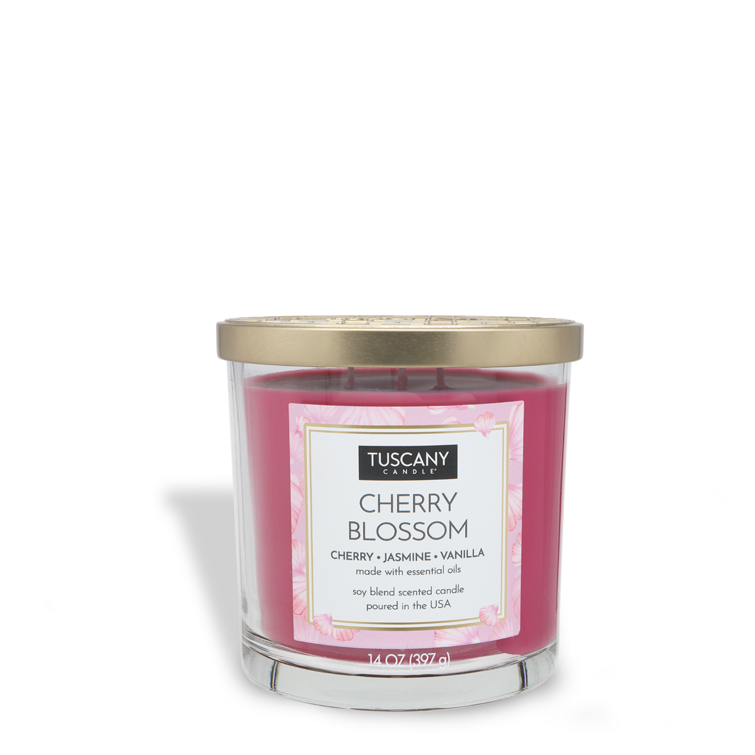 The Tuscany Candle® EVD Cherry Blossom Long-Lasting Scented Jar Candle (14 oz) features pink wax in a glass jar with a gold lid and offers a delightful floral fragrance of cherry, jasmine, and vanilla.