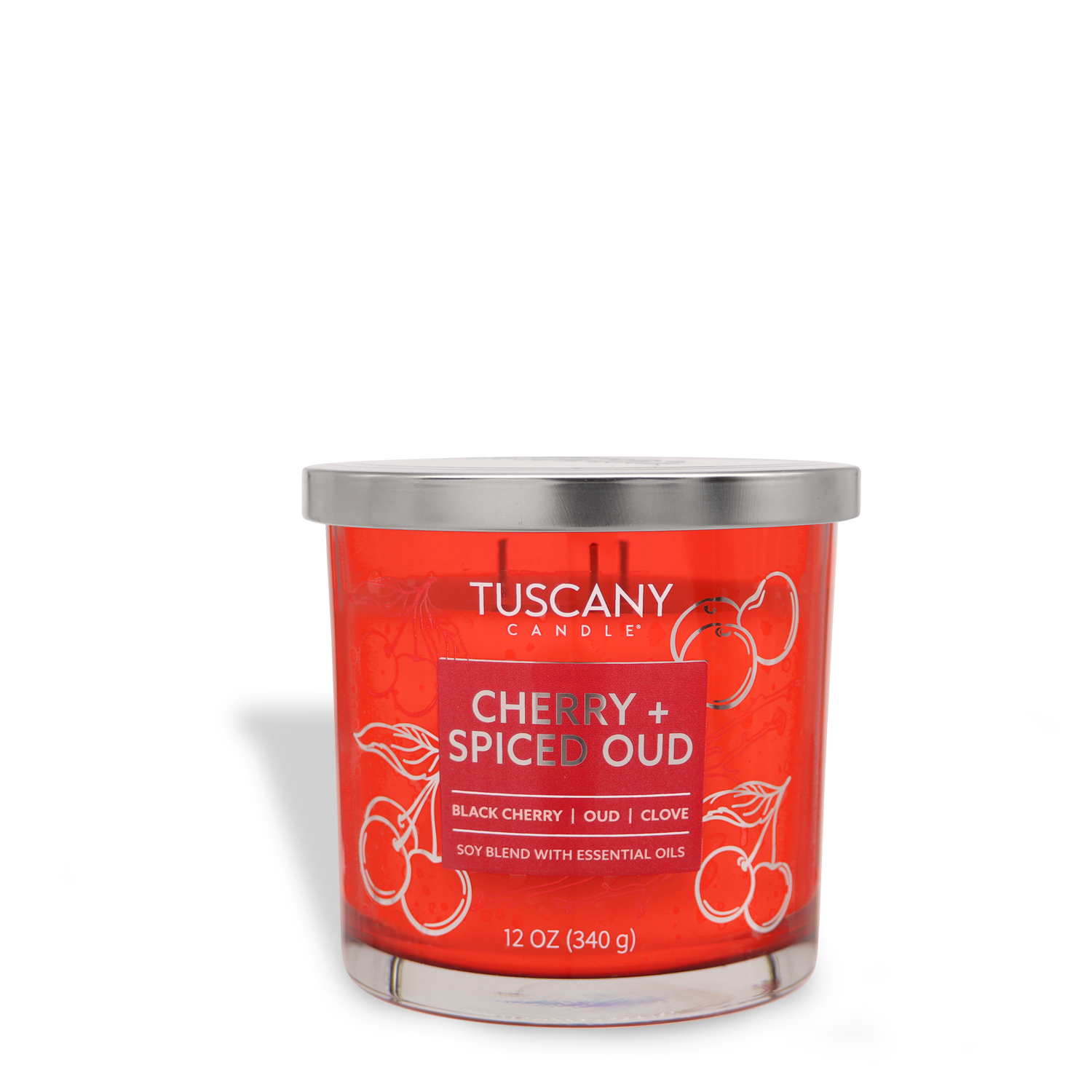 The Tuscany Candle® EVD Cherry + Spiced Oud candle from the Painters' Palette Collection features scents of black cherry, oud, and clove. It contains a 12 oz soy blend infused with essential oils in a glass jar.