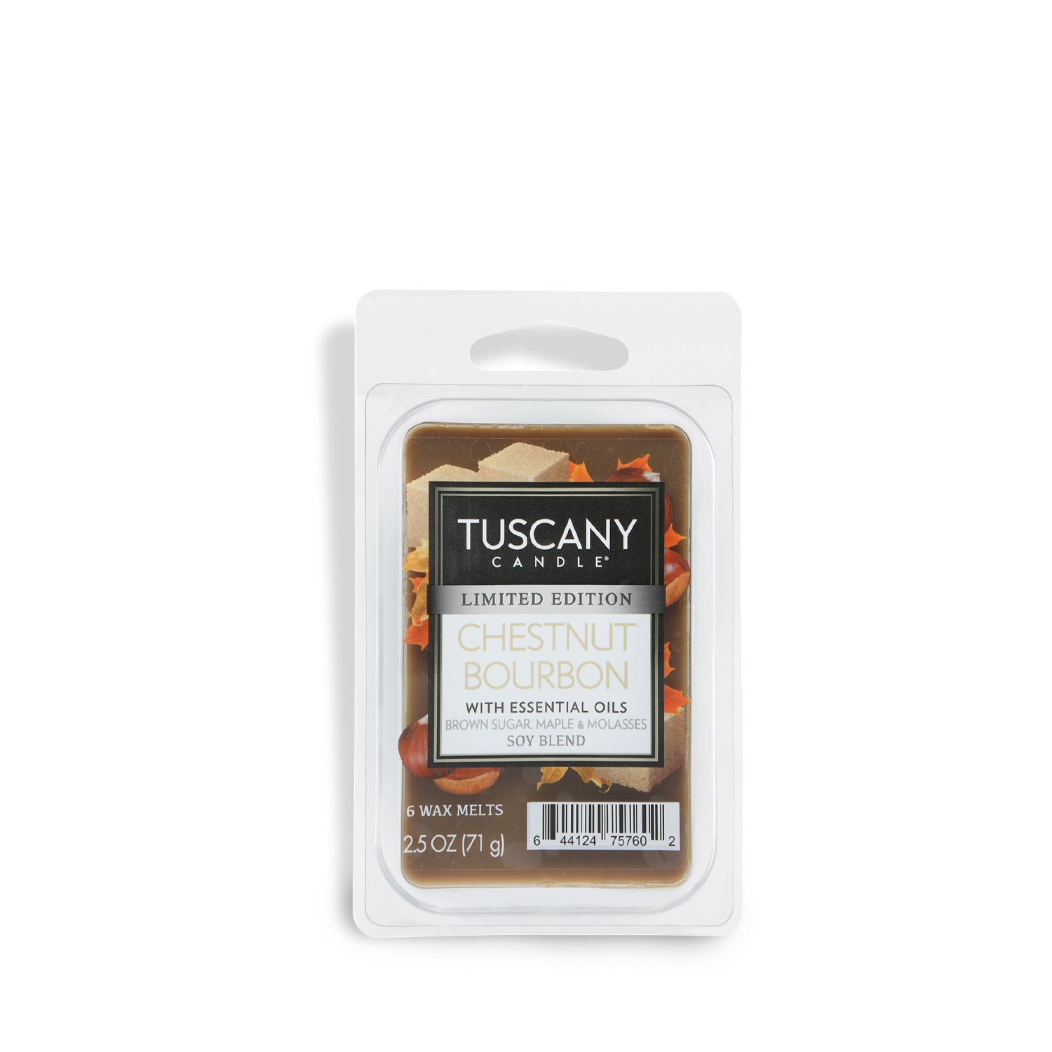 A pack of Tuscany Candle® SEASONAL Chestnut Bourbon: Maple Syrup & Toasted Chestnut Scented Fall Wax Melts, 2.5 oz (71g), includes 6 melts per pack.