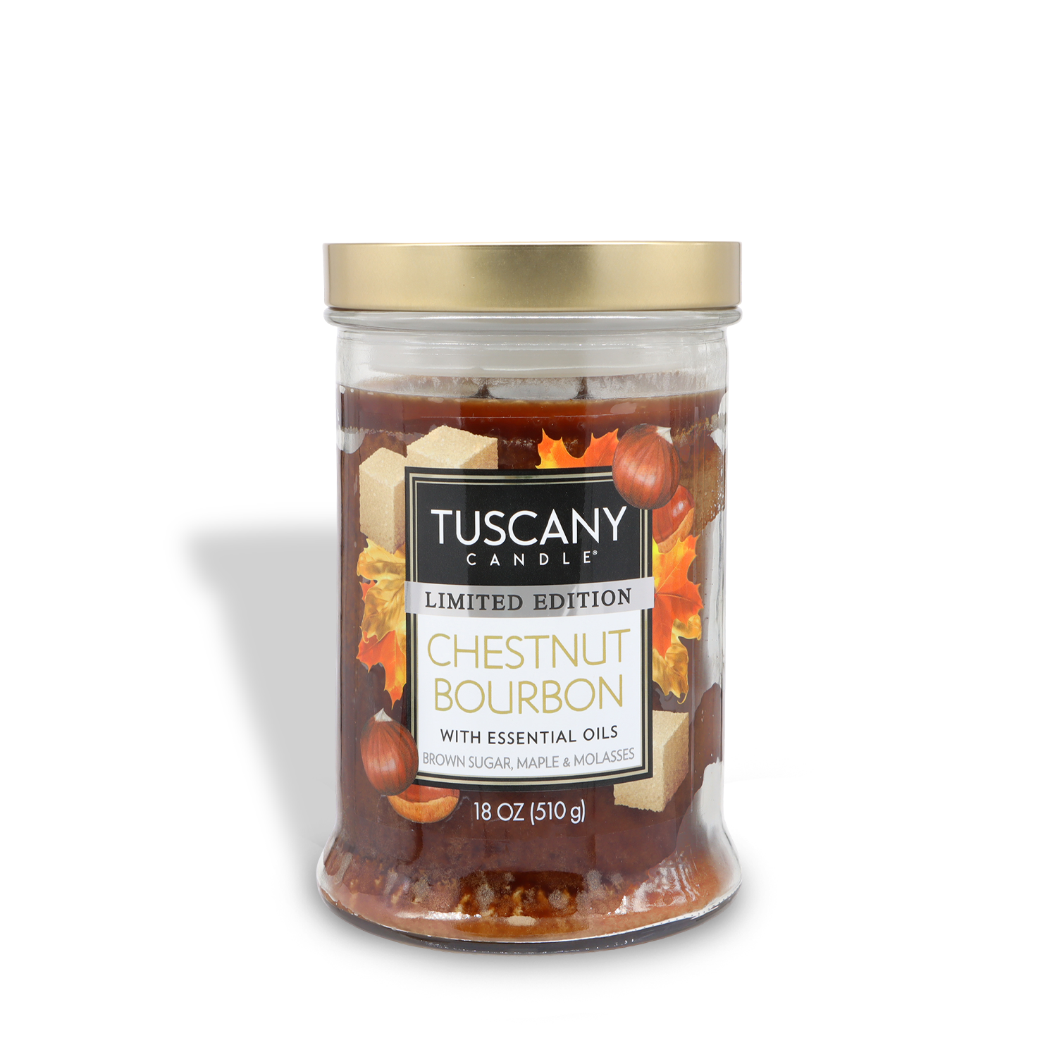An 18 oz Tuscany Candle® SEASONAL jar labeled "Chestnut Bourbon: Maple Syrup & Toasted Chestnut" features fall leaves, chestnuts, brown sugar cubes, a gold lid, and is a limited edition fall candle.