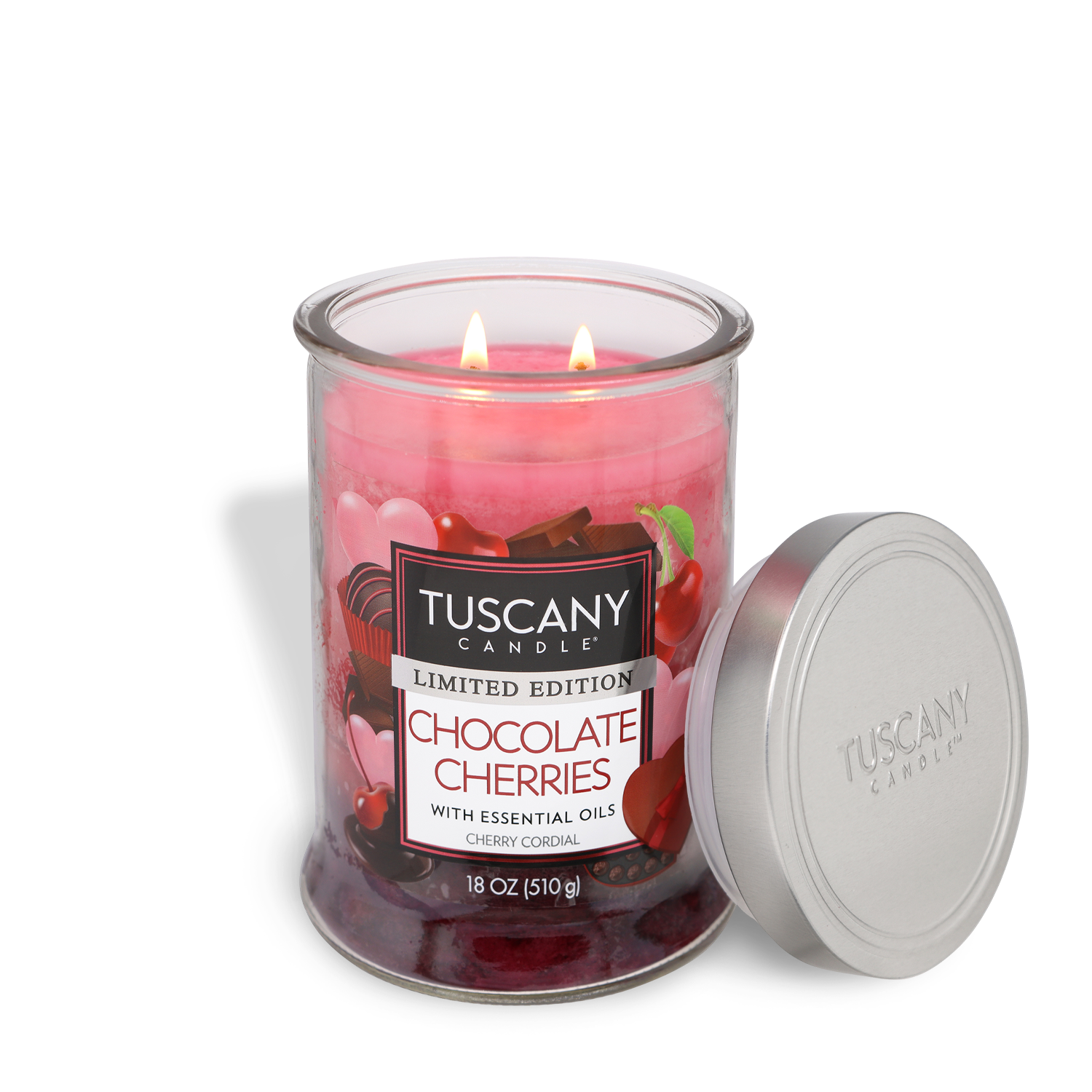 The Chocolate Cherries: Candy Scented Valentine’s Day Candle by Tuscany Candle® SEASONAL embodies romance with its essential oils in an 18 oz glass jar. Perfect for Valentine's Day, this limited edition jar candle infuses warmth into any setting, while its lid sits gracefully next to it.