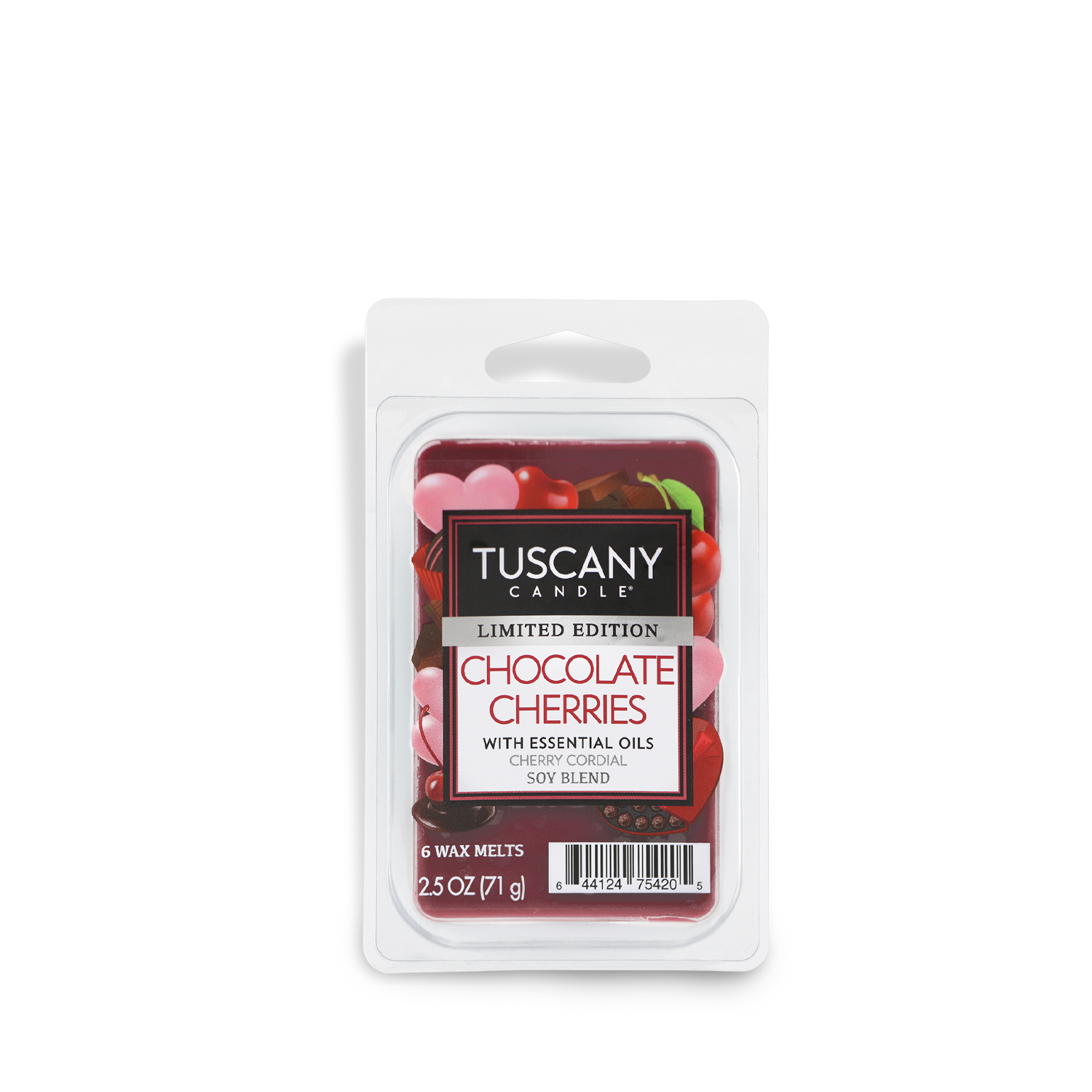 Experience the exclusive Tuscany Candle® SEASONAL Chocolate Cherries Valentine’s Day Scented Wax Melt, ideal for a romantic setting. Each 2.5 oz pack comes with six melts in clear packaging, providing a Cherry Cordial aroma to elevate any special occasion.