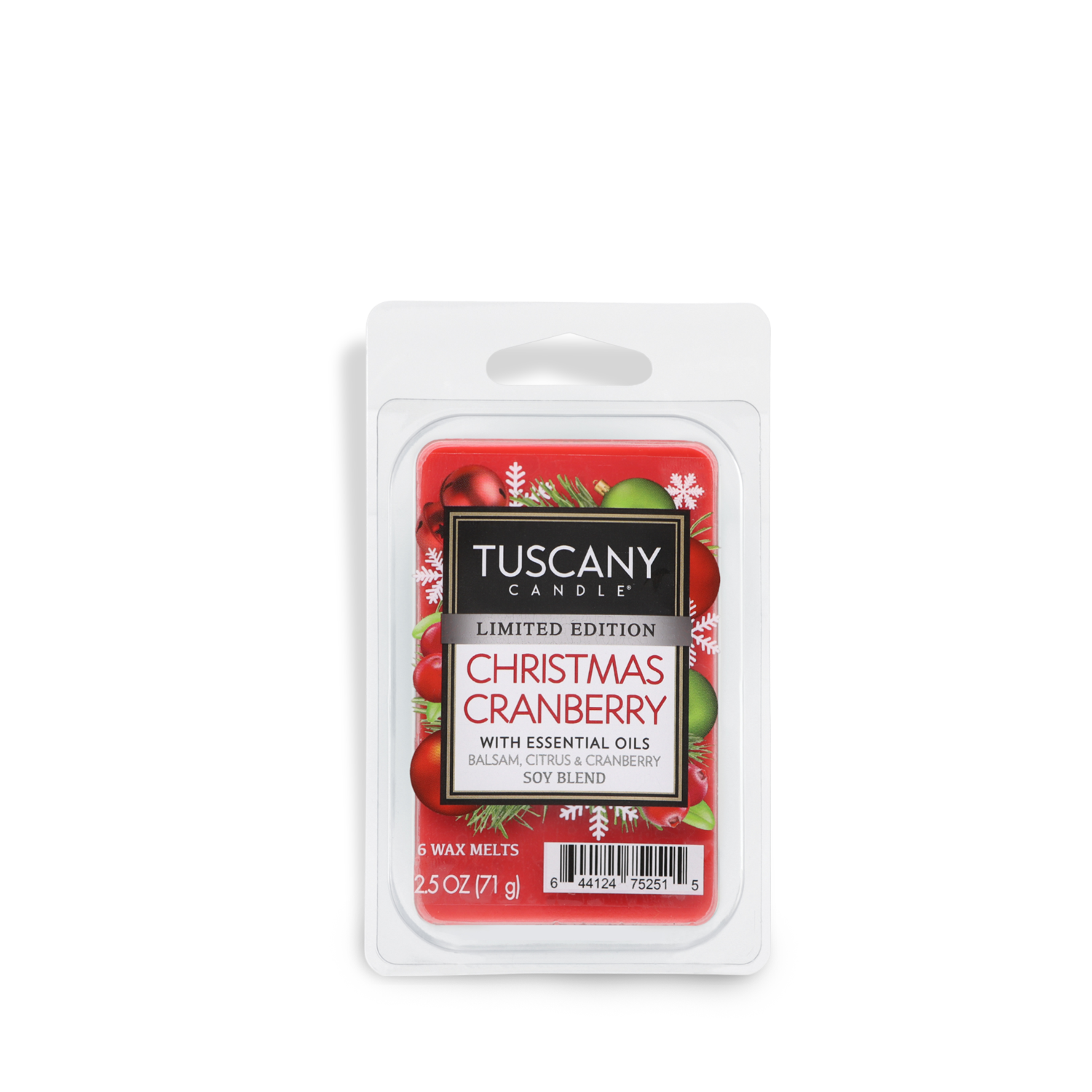 A pack of Tuscany Candle® SEASONAL wax melts in the "Christmas Cranberry" scent, featuring essential oils, balsam, and cranberry, is labeled as a limited edition and has a net weight of 2.5 oz (71 g).