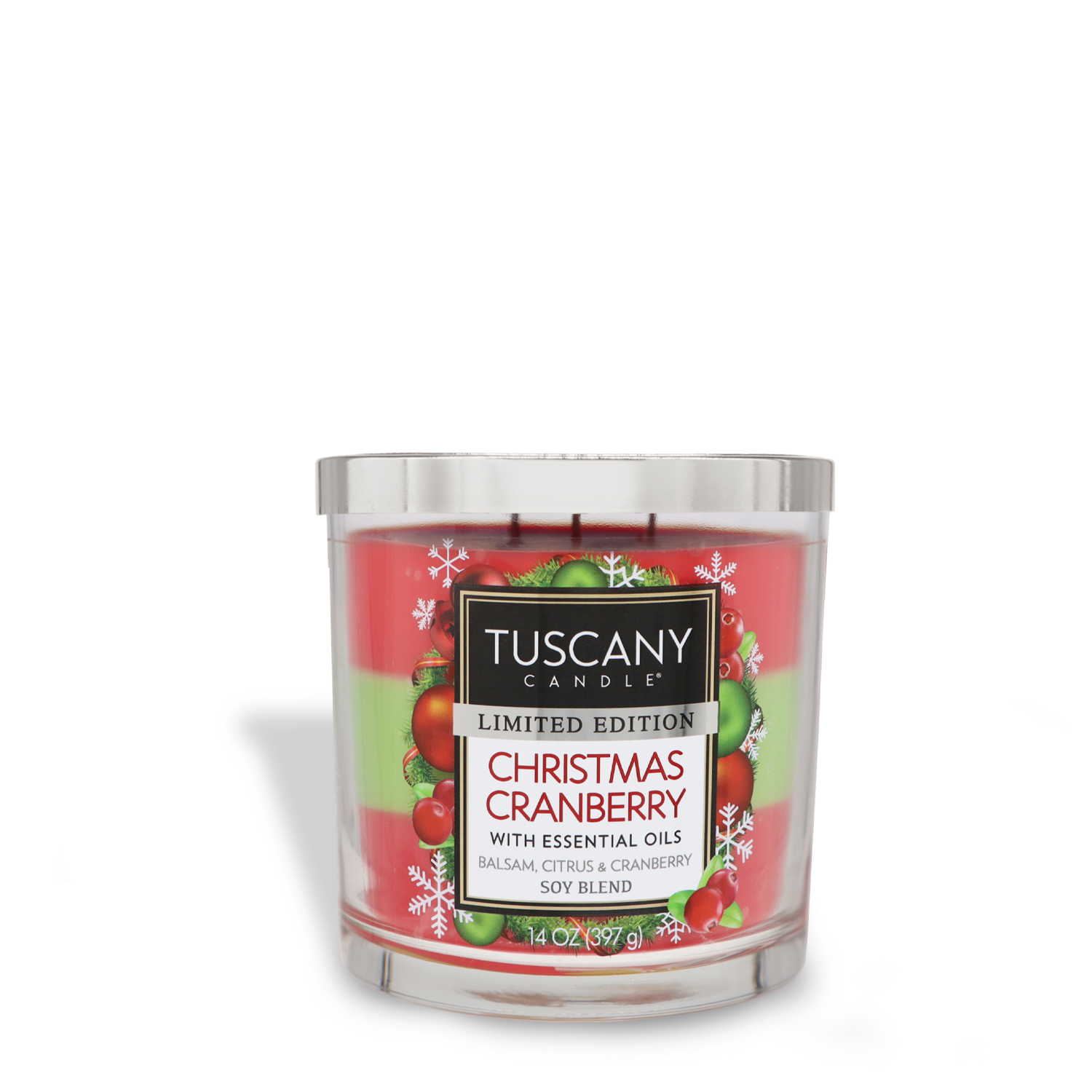 The Tuscany Candle® SEASONAL "Christmas Cranberry Long-Lasting Scented Jar Candle (14 oz)" features essential oils with delightful balsam, citrus, and cranberry notes. This "Limited Edition" candle boasts a 14 oz capacity.